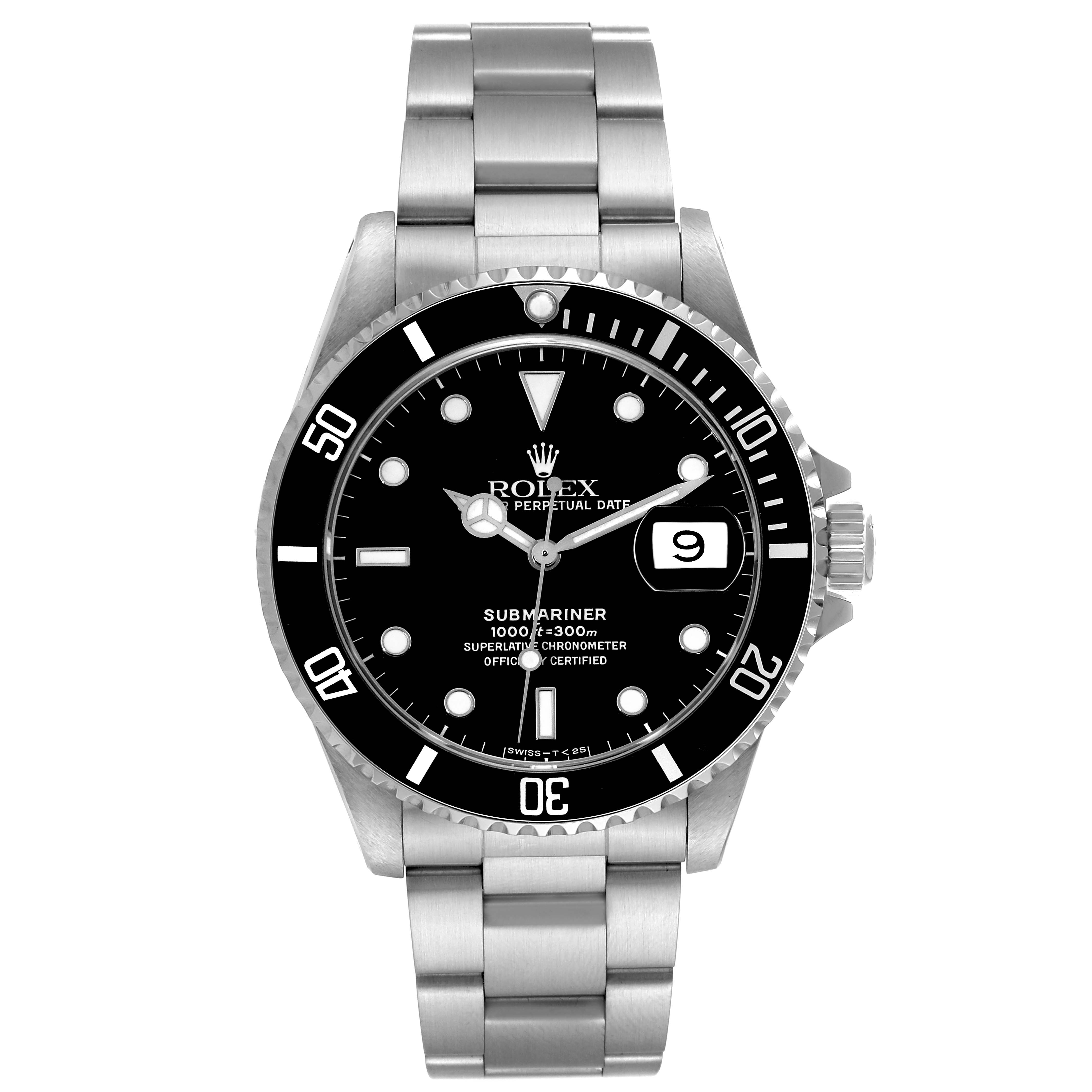 This image shows a front view of a Rolex Submariner 16610 Men
s Stainless Steel Black Dial 16610 Men
s Stainless Steel Black Dial watch, displaying its dial, bezel, crown, and metal bracelet.