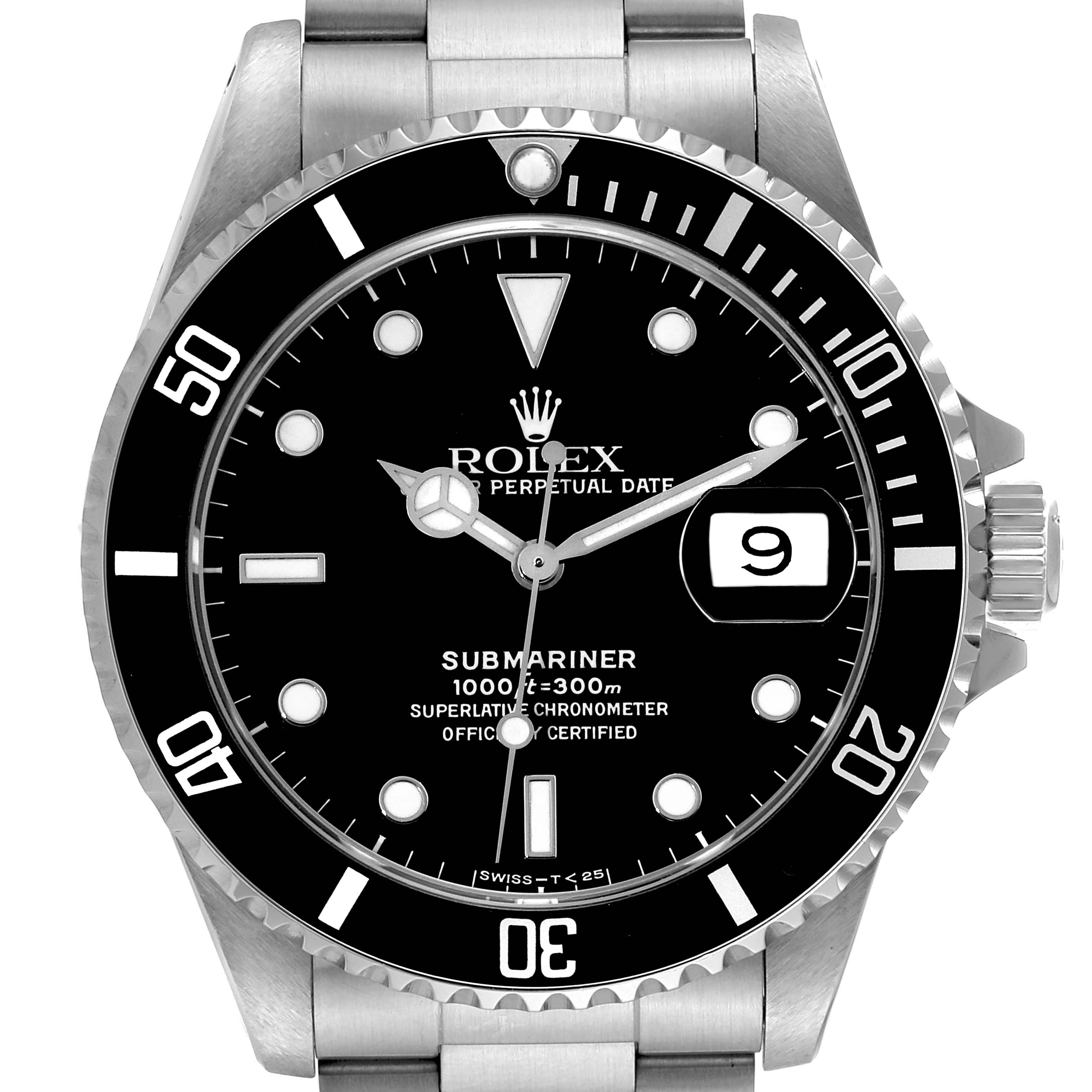 The image shows a front view of the Rolex Submariner 16610 Men
s Stainless Steel Black Dial 16610 Men
s Stainless Steel Black Dial watch, displaying its dial, bezel, crown, and part of the bracelet.