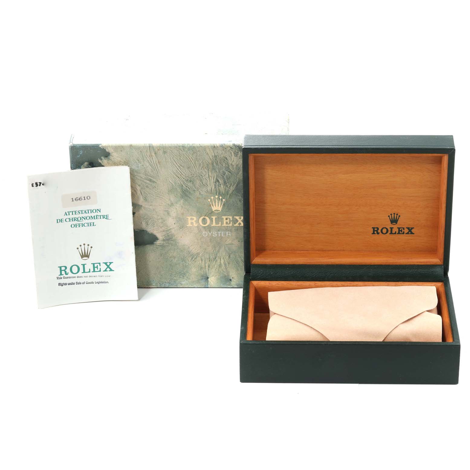 This image shows the open box, protective sleeve, and manual of a Rolex Submariner 16610 Men
s Stainless Steel Black Dial 16610 Men
s Stainless Steel Black Dial watch.