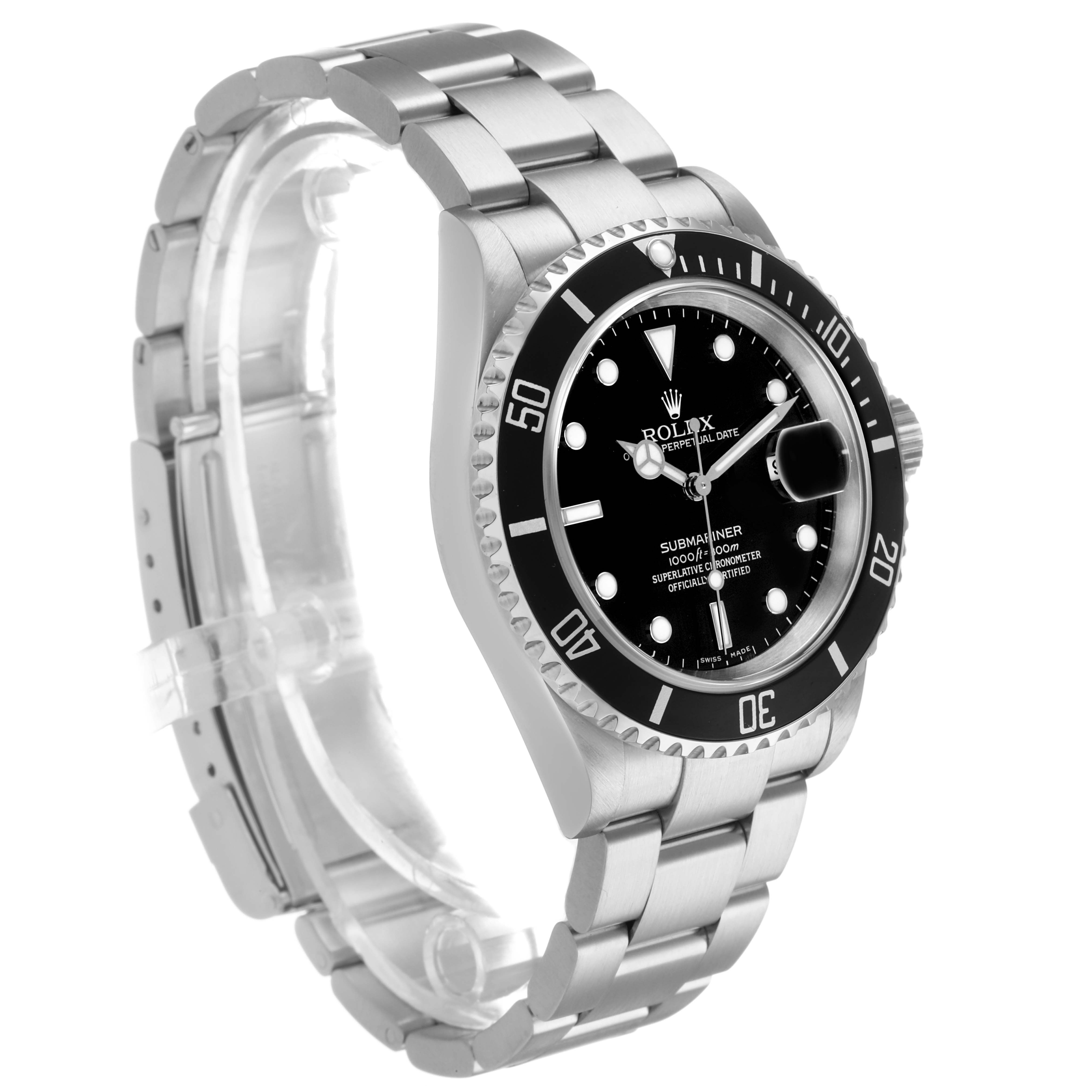 The Rolex Submariner 16610 Men's Stainless Steel Black Dial watch is shown at a three-quarter angle, displaying the face, bezel, and bracelet.