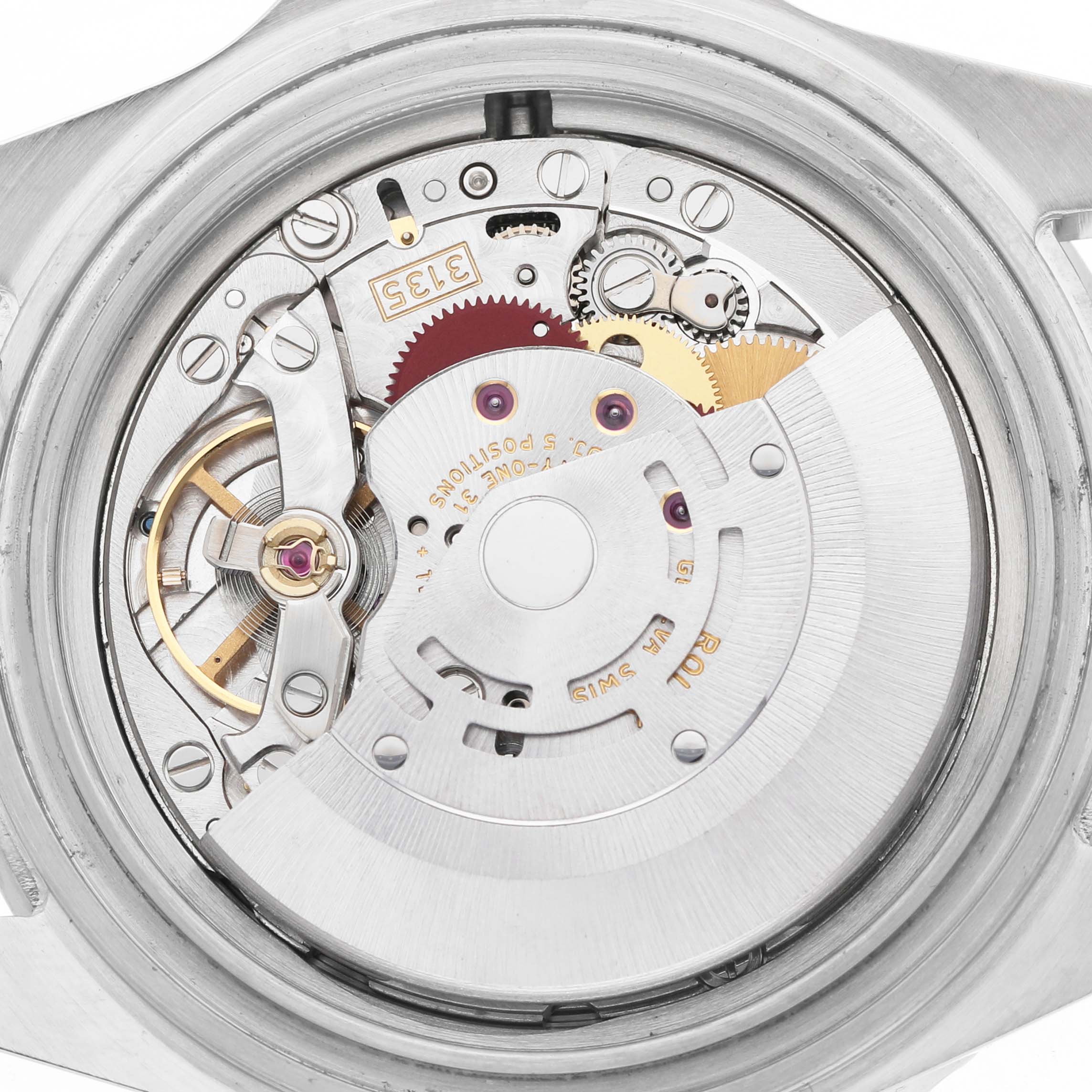 The image shows the movement of a Rolex Submariner 16610 Men's Stainless Steel Black Dial, focusing on gears and oscillating components from the back.