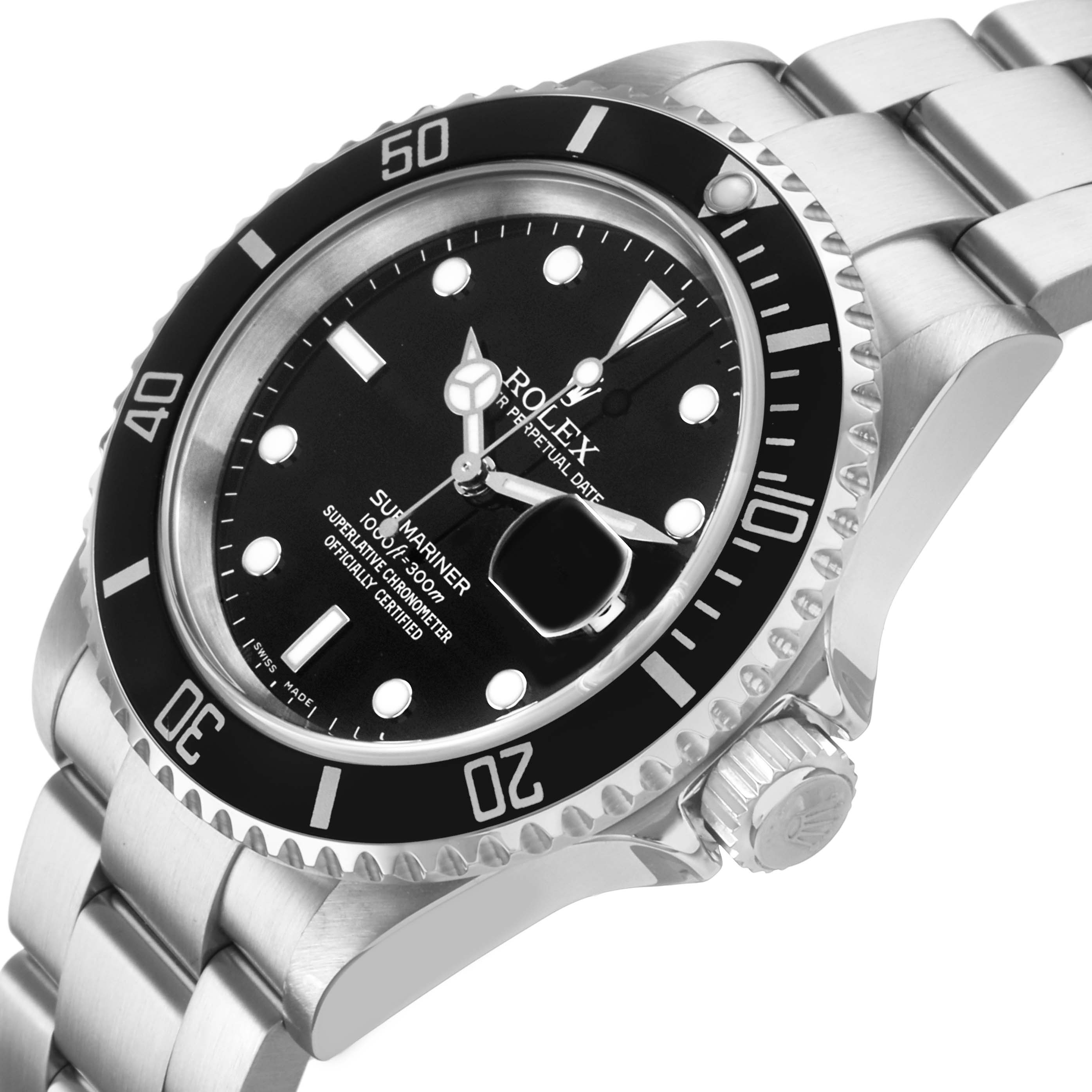 The image shows a Rolex Submariner 16610 Men's Stainless Steel Black Dial watch at a three-quarter angle, highlighting the face, bezel, crown, and part of the bracelet.