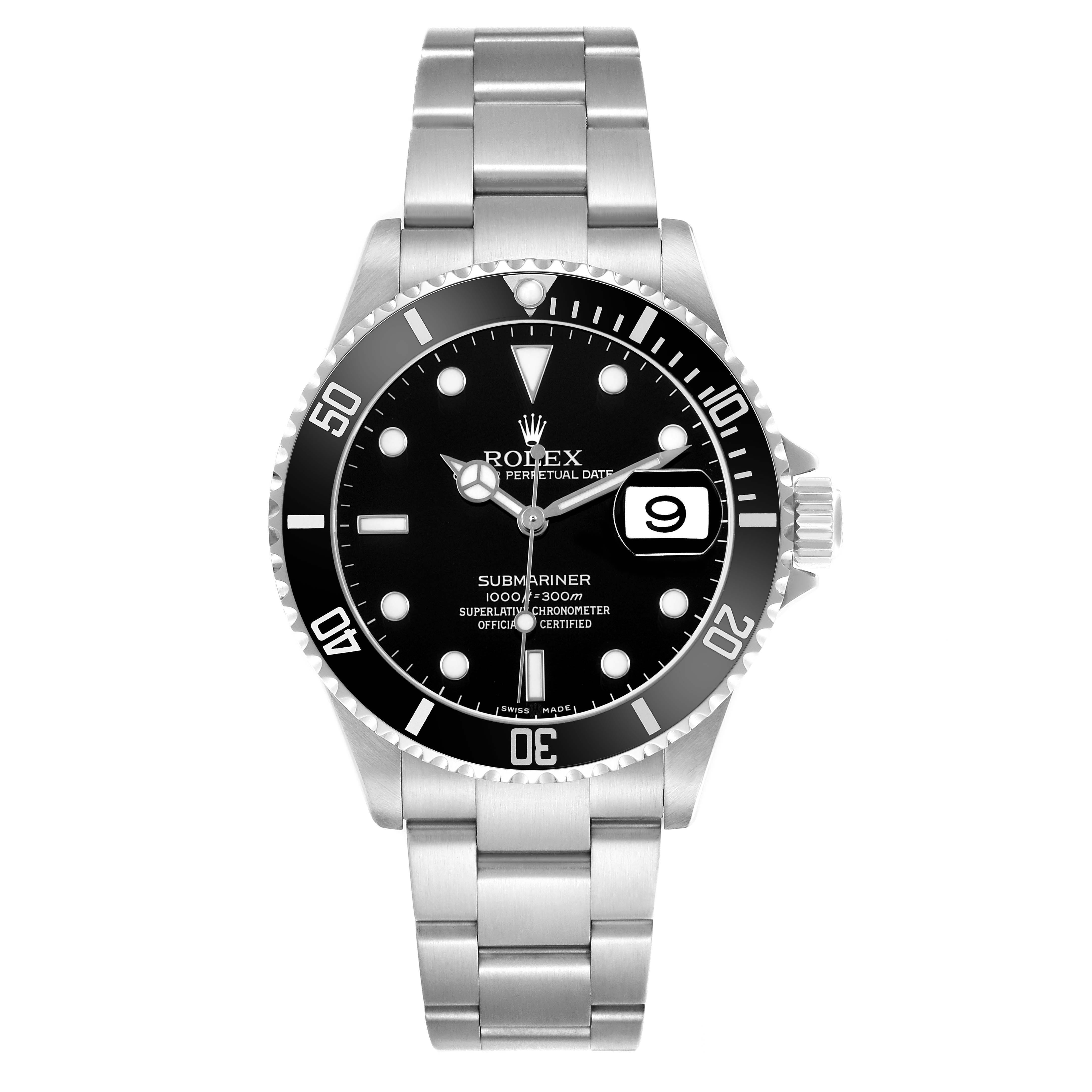 The Rolex Submariner 16610 Men's Stainless Steel Black Dial watch is shown from a front angle, highlighting the dial, bezel, and bracelet.