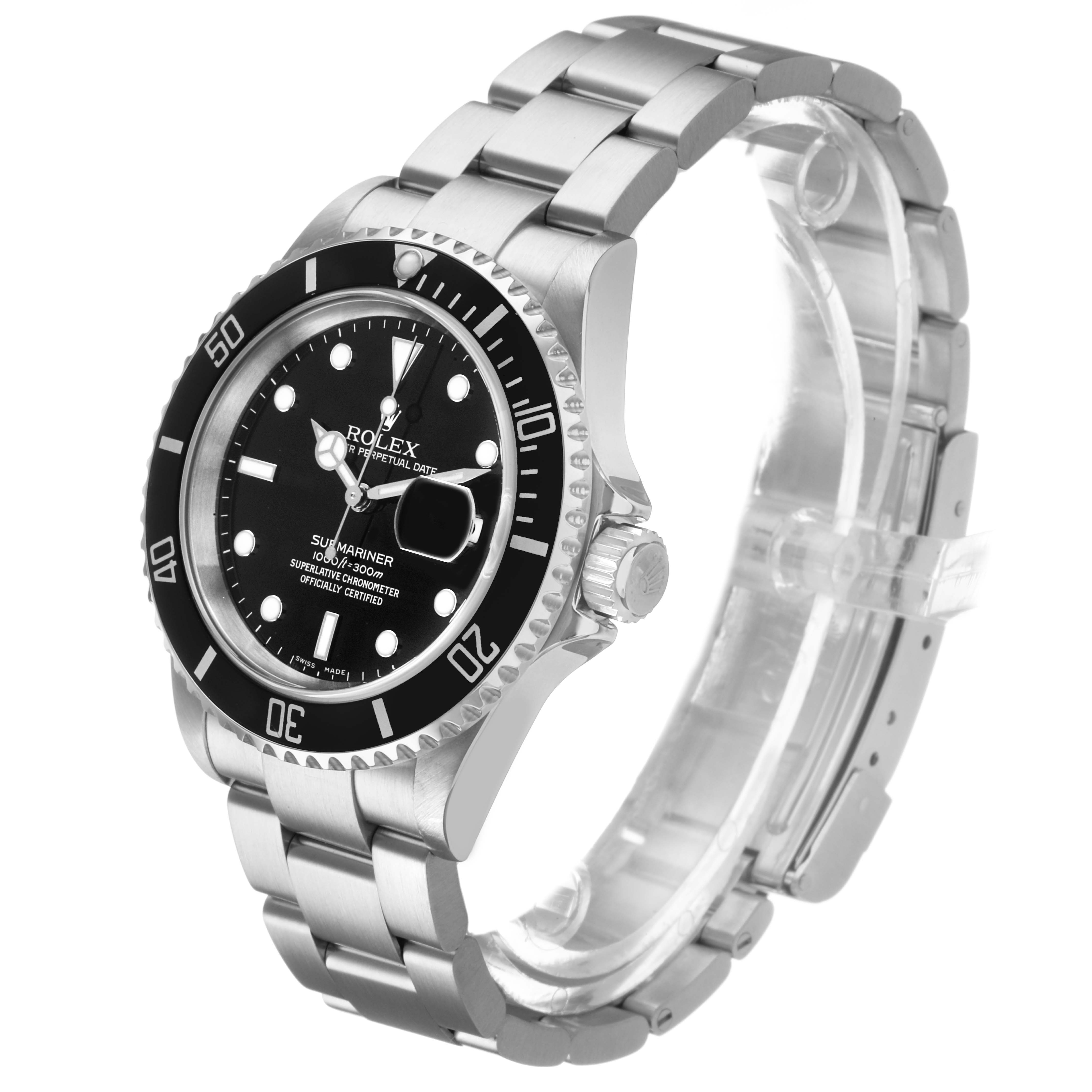 The Rolex Submariner 16610 Men's Stainless Steel Black Dial watch is shown at a three-quarter angle, displaying its face, bezel, and bracelet.