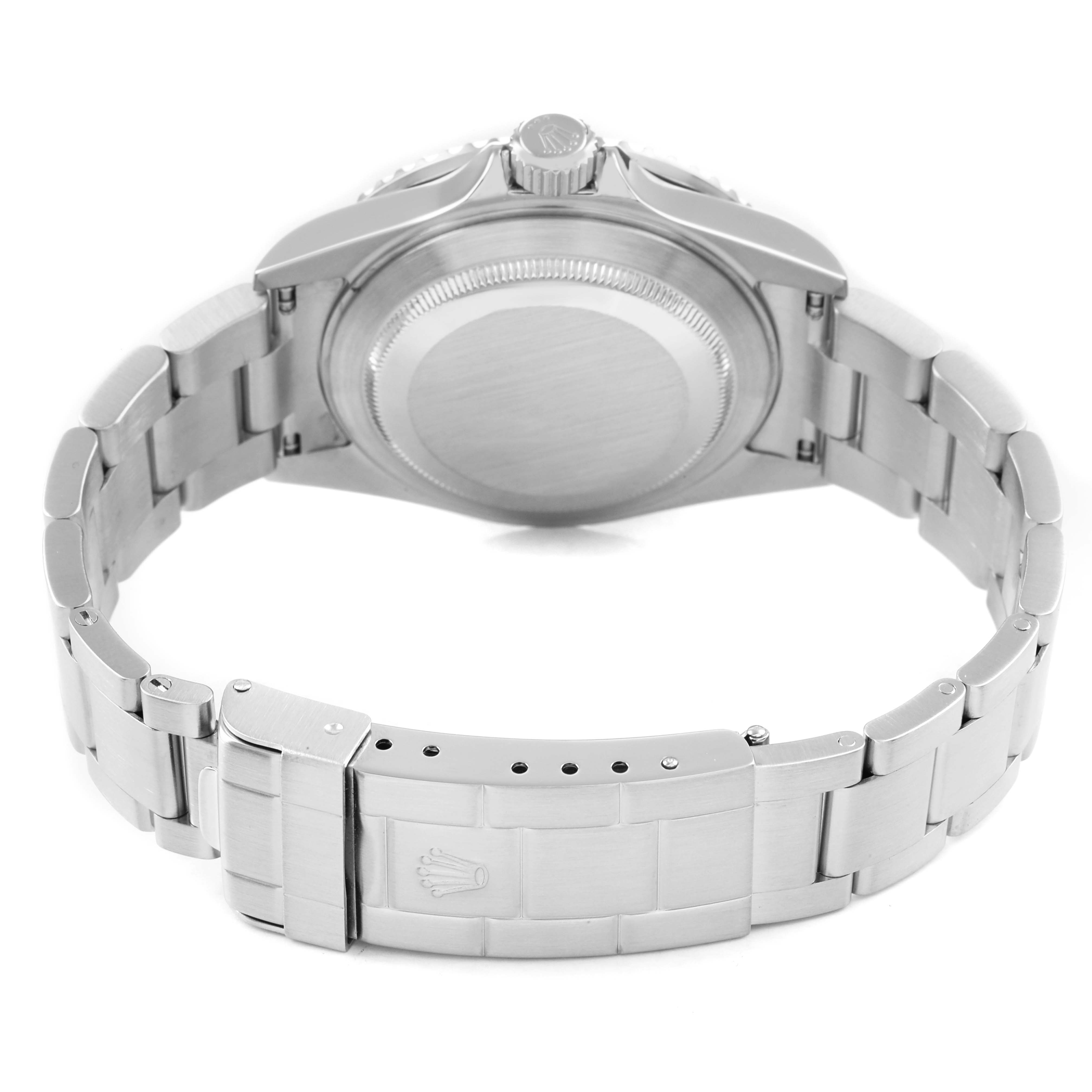 The Rolex Submariner 16610 Men's Stainless Steel Black Dial watch is shown from the back, featuring the case back, bracelet, and clasp.