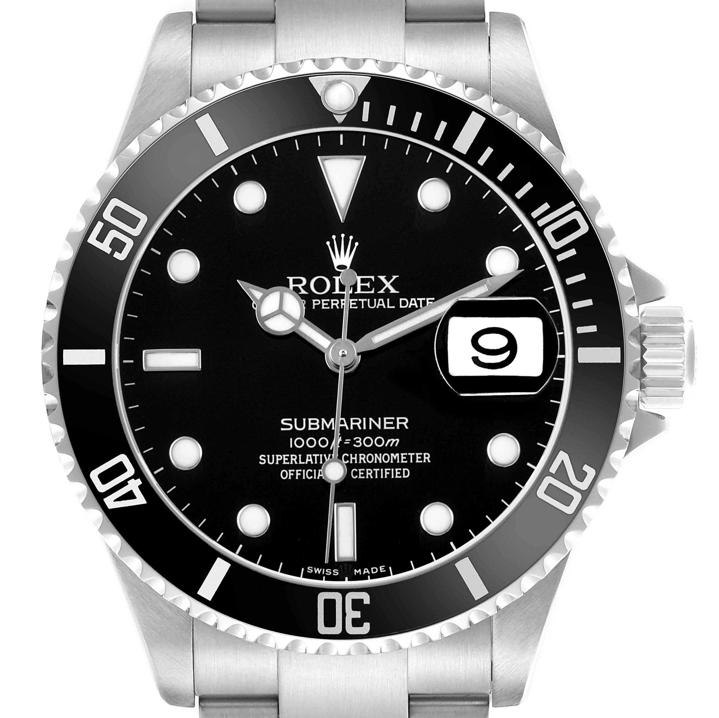 The image shows a front view of the Rolex Submariner 16610 Men's Stainless Steel Black Dial, displaying the dial, bezel, and a portion of the bracelet.
