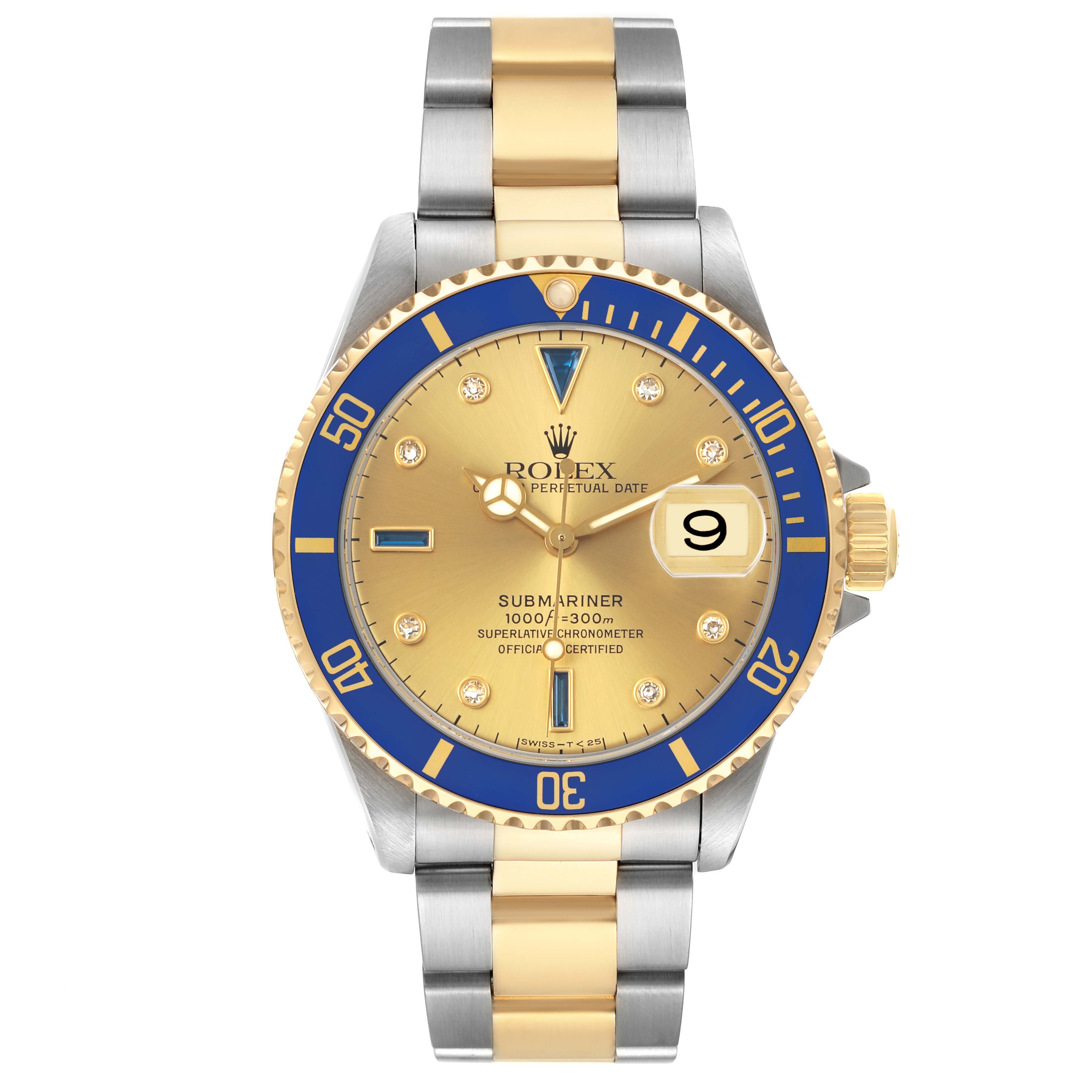 The Rolex Submariner 16613 Men's Steel and Gold (two tone) Champagne Dial watch is shown from a front angle, featuring a gold and blue bezel, a gold dial, and a two-tone bracelet.