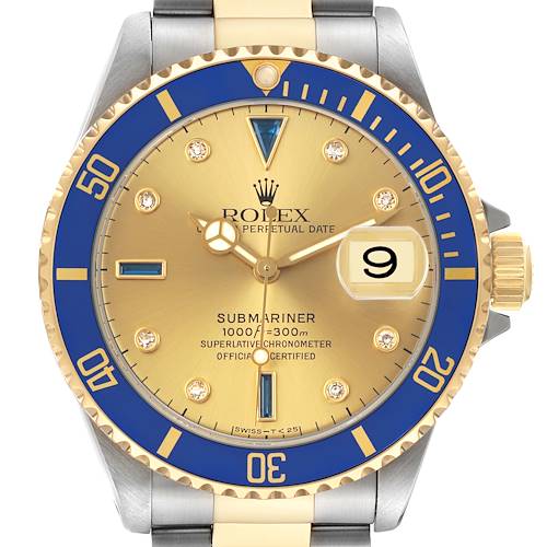 The Rolex Submariner 16613 Men's Steel and Gold (two tone) Champagne Dial watch is shown from the front, highlighting the gold dial, blue bezel, and date magnifier.