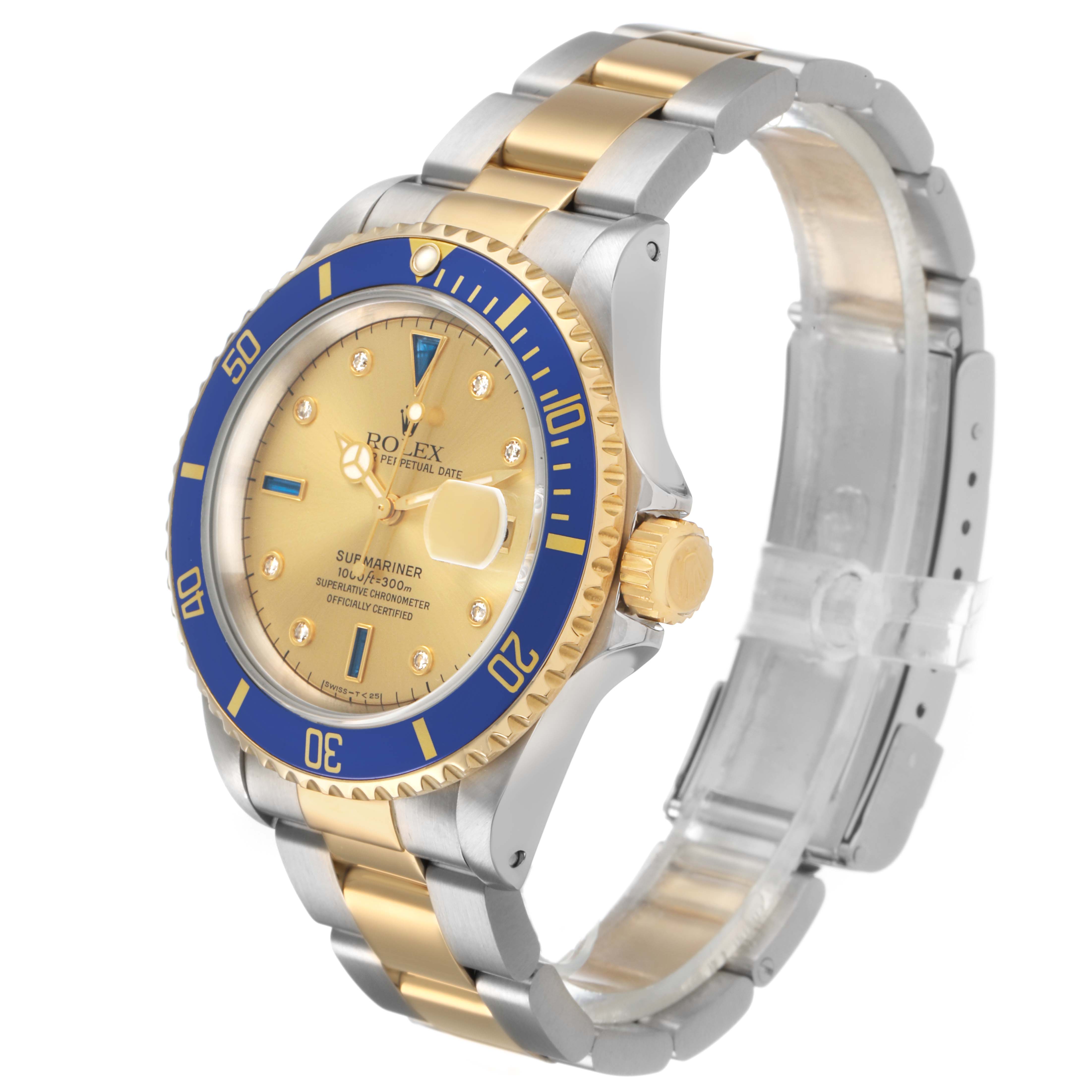The Rolex Submariner 16613 Men's Steel and Gold (two tone) Champagne Dial is shown at a three-quarter angle, highlighting the bezel, dial, and bracelet.