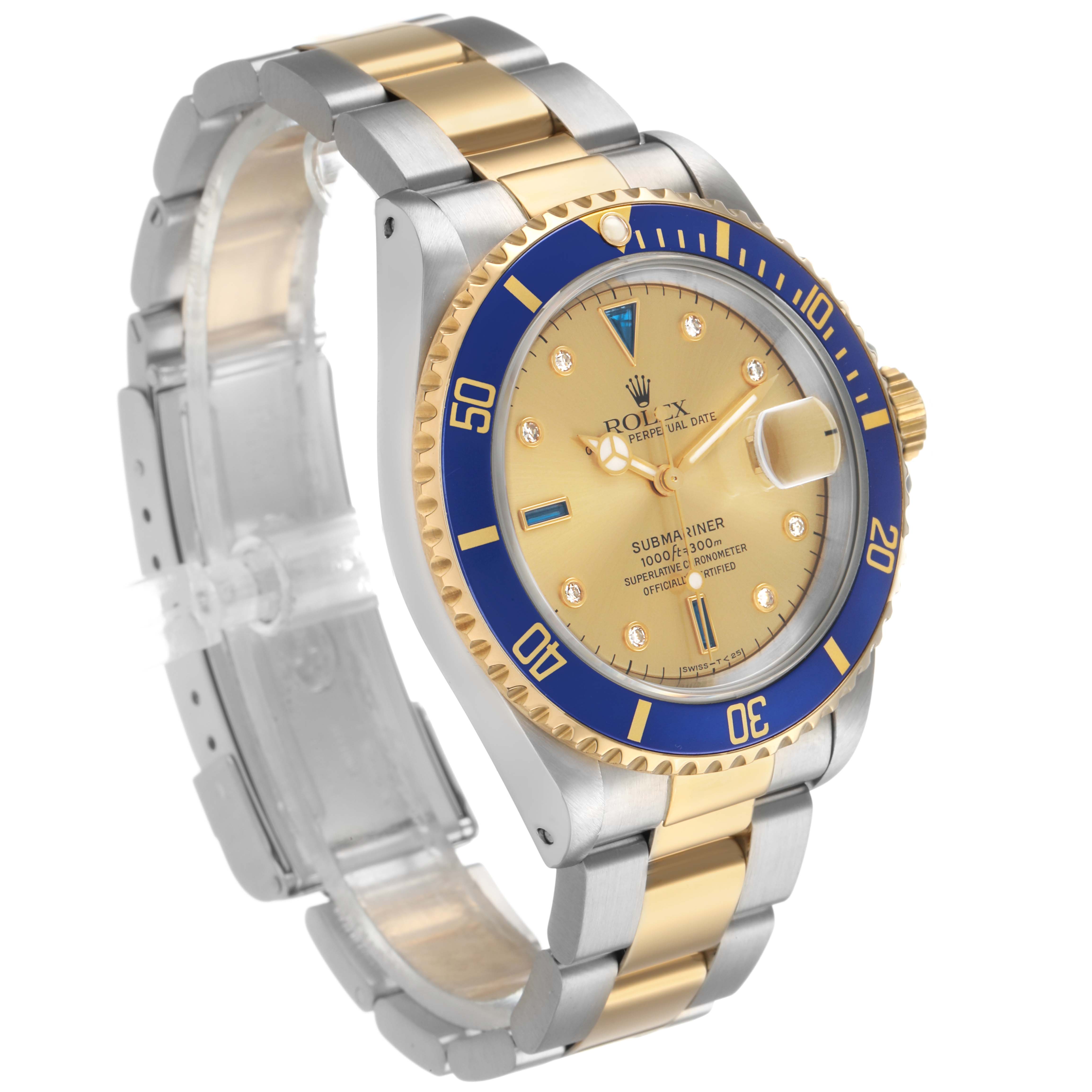 The Rolex Submariner 16613 Men's Steel and Gold (two tone) Champagne Dial watch is shown from a three-quarter angle, highlighting the bezel, dial, and bracelet.