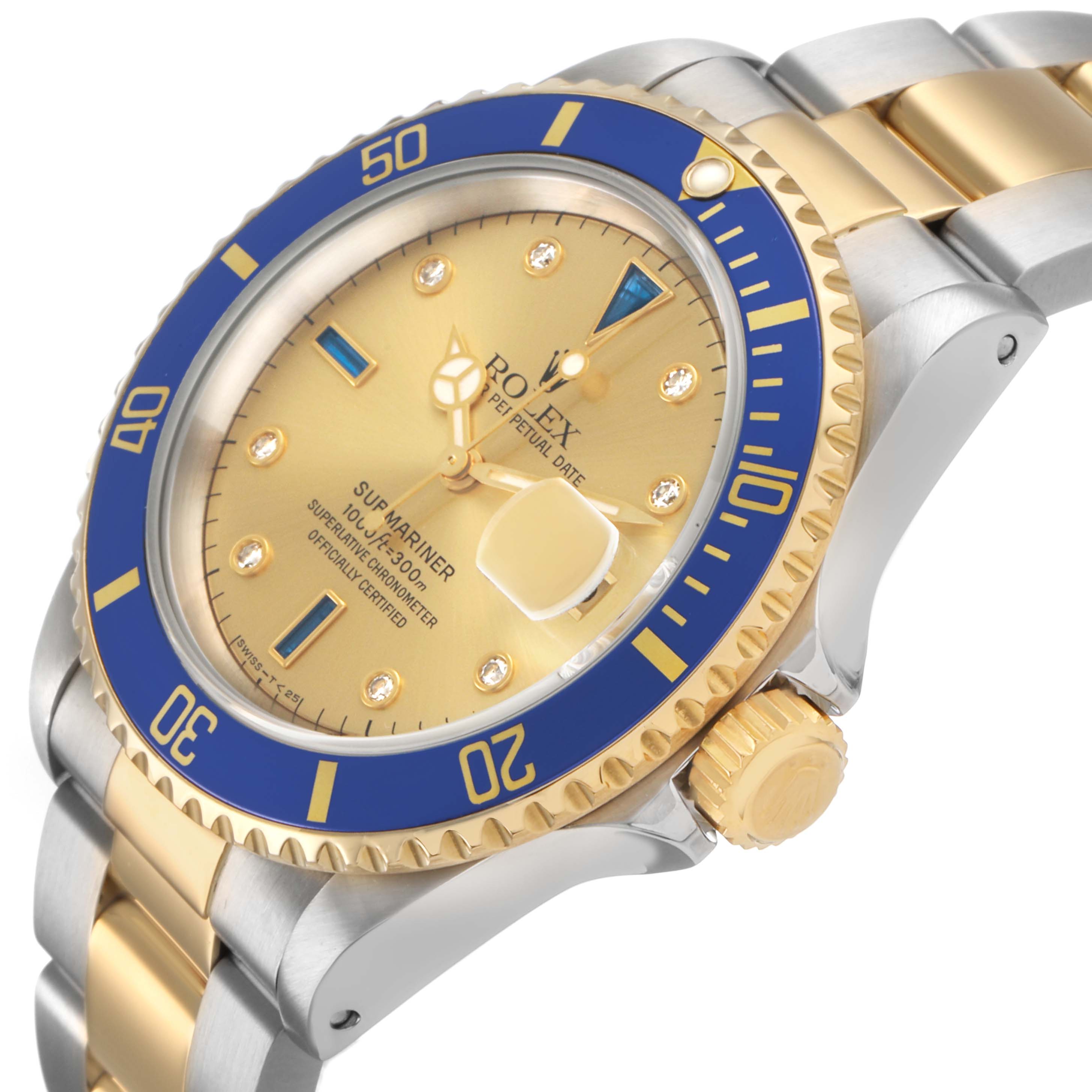 The Rolex Submariner 16613 Men's Steel and Gold (two tone) Champagne Dial watch is shown from a three-quarter angle, highlighting the gold and blue bezel, crown, and bracelet.