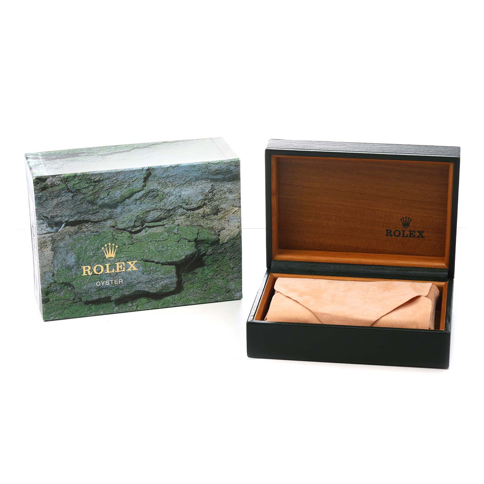 The image shows the Rolex Submariner 16613 Men's Steel and Gold (two tone) Champagne Dial packaging, including an outer box and an open display box with a protective cover inside.