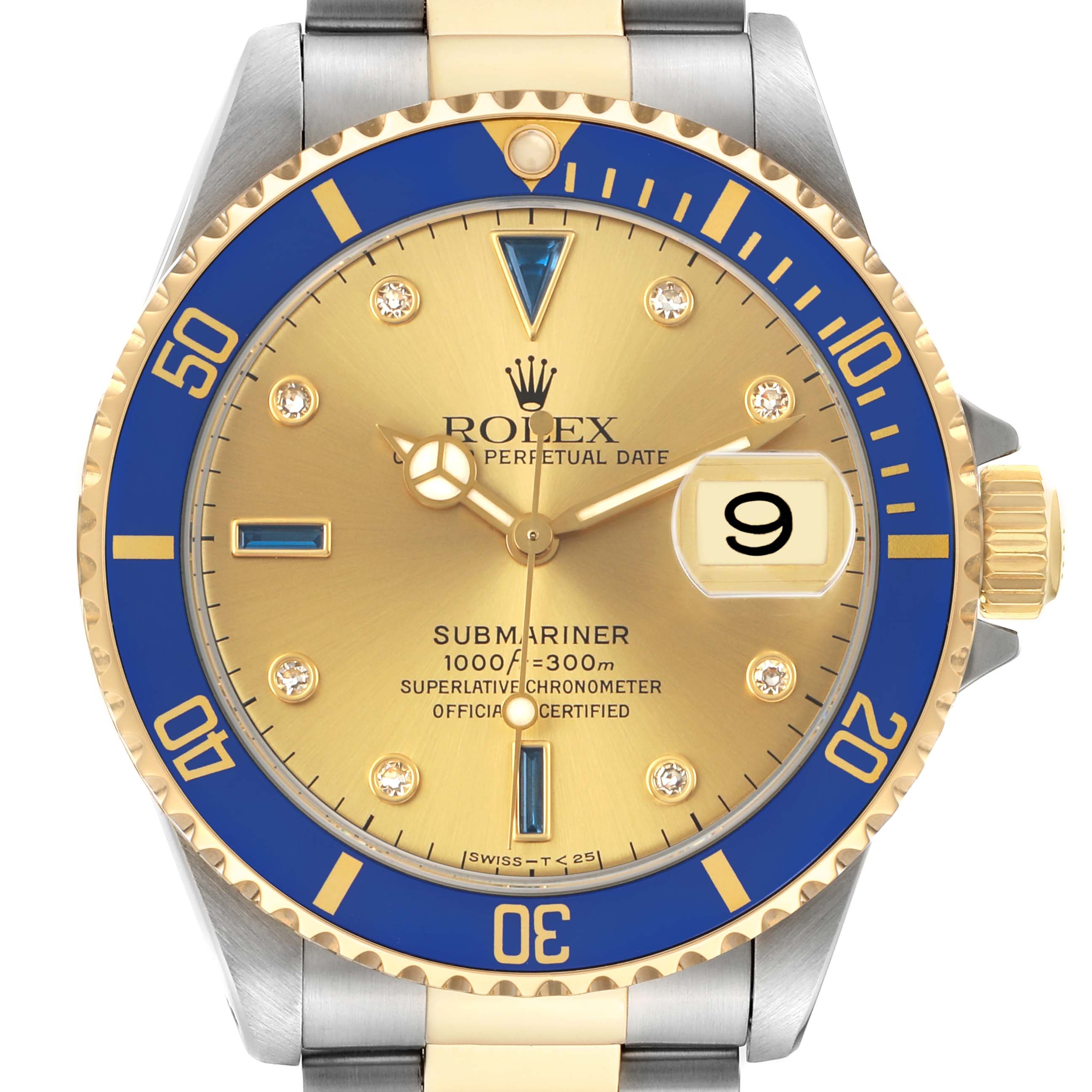 The Rolex Submariner 16613 Men's Steel and Gold (two tone) Champagne Dial watch is shown from the front, highlighting its bezel, dial, hands, and crown.