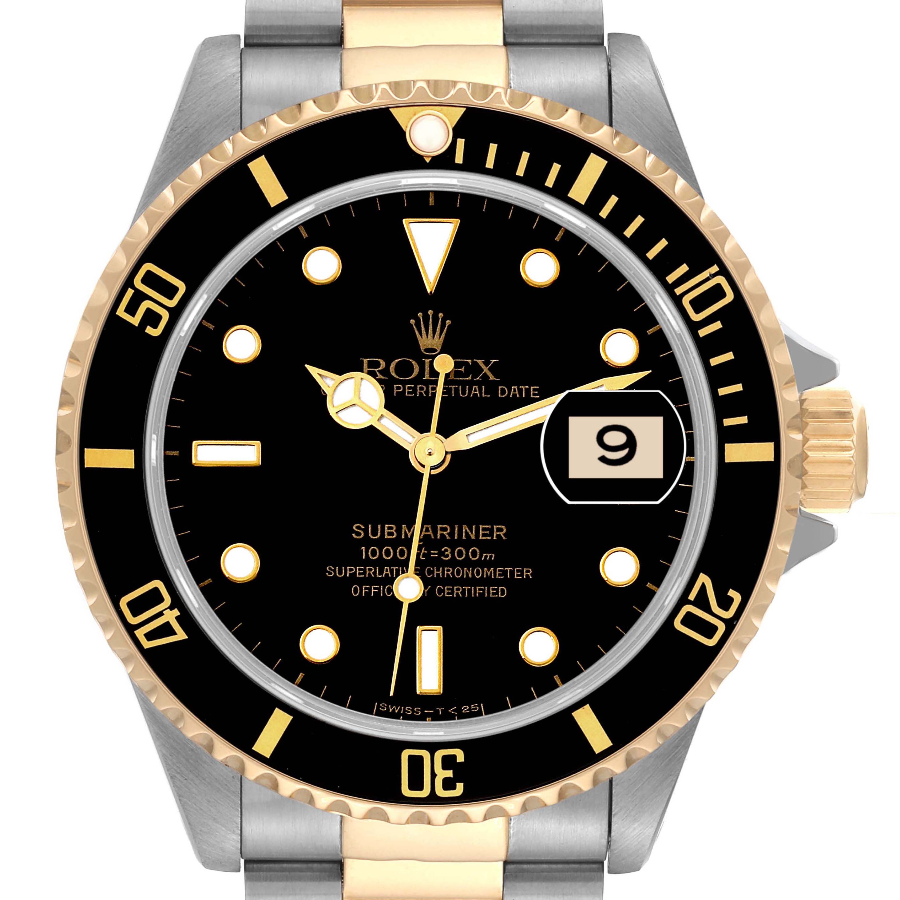 This Rolex Submariner 16613 Men's Steel and Gold (two tone) Black Dial 16613 Men's Steel and Gold (two tone) Black Dial watch is shown from the front angle, displaying the dial, bezel, and part of the bracelet.