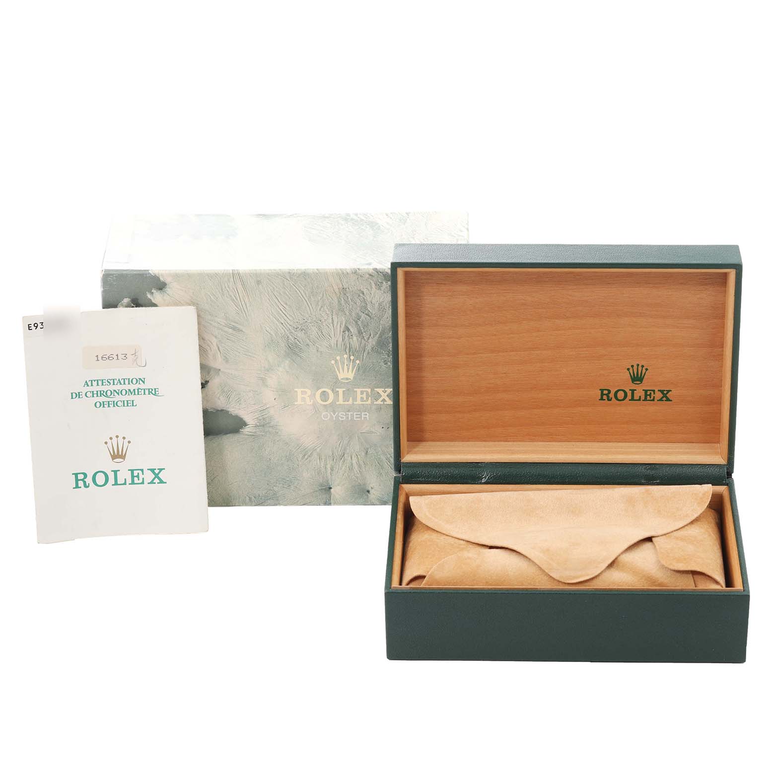 The image shows a Rolex Submariner 16613 Men's Steel and Gold (two tone) Black Dial 16613 Men's Steel and Gold (two tone) Black Dial watch box, with the outer box, certificate, and open inner box with a suede pouch inside.