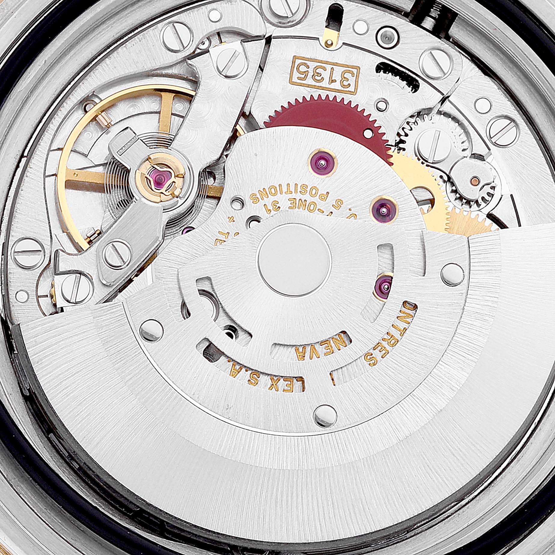 This image shows the intricate movement mechanism of the Rolex Submariner 16613 Men's Steel and Gold (two tone) Black Dial 16613 Men's Steel and Gold (two tone) Black Dial watch, highlighting gears and the rotor.