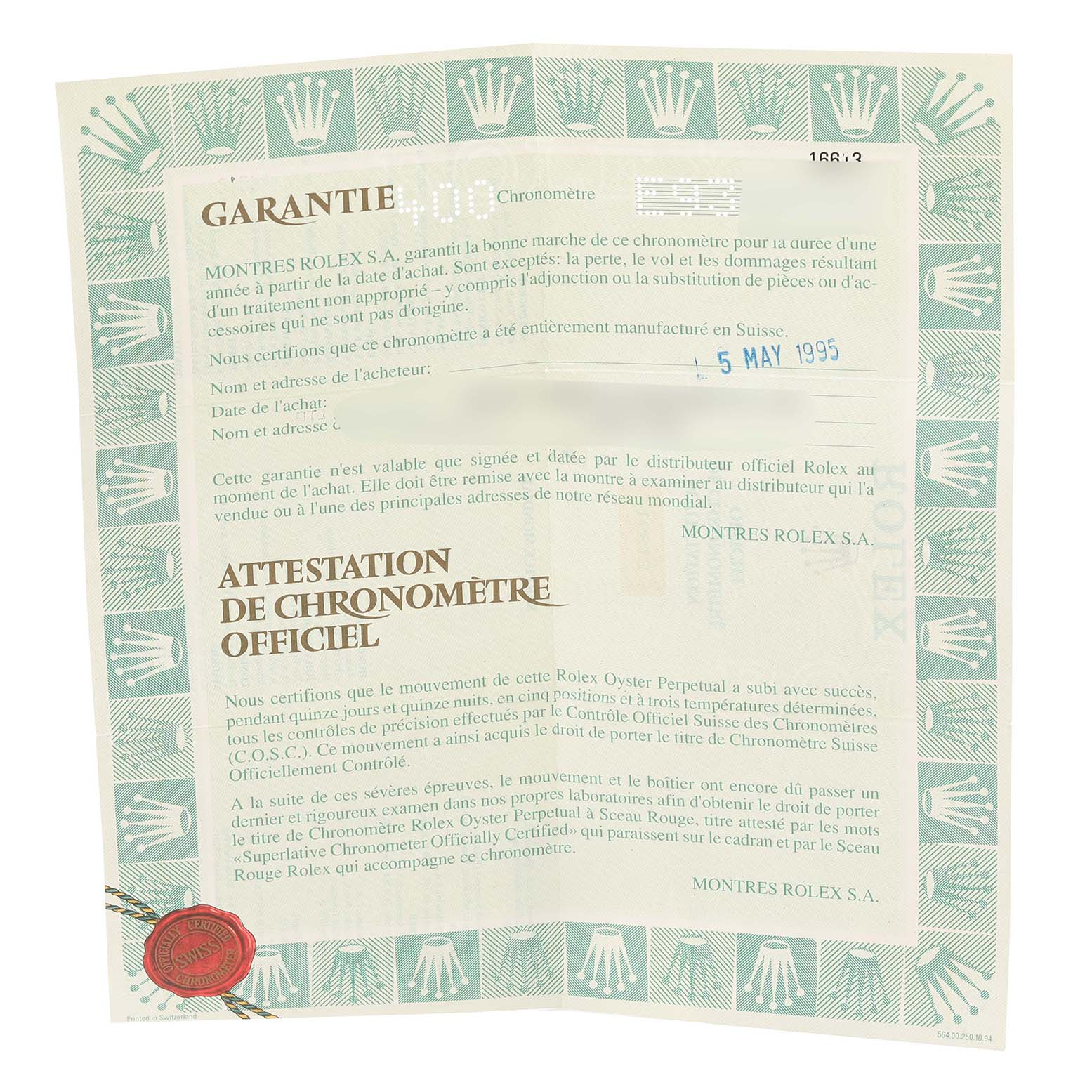 This image shows the guarantee and official chronometer certification documents for a Rolex Submariner 16613 Men's Steel and Gold (two tone) Black Dial 16613 Men's Steel and Gold (two tone) Black Dial watch.