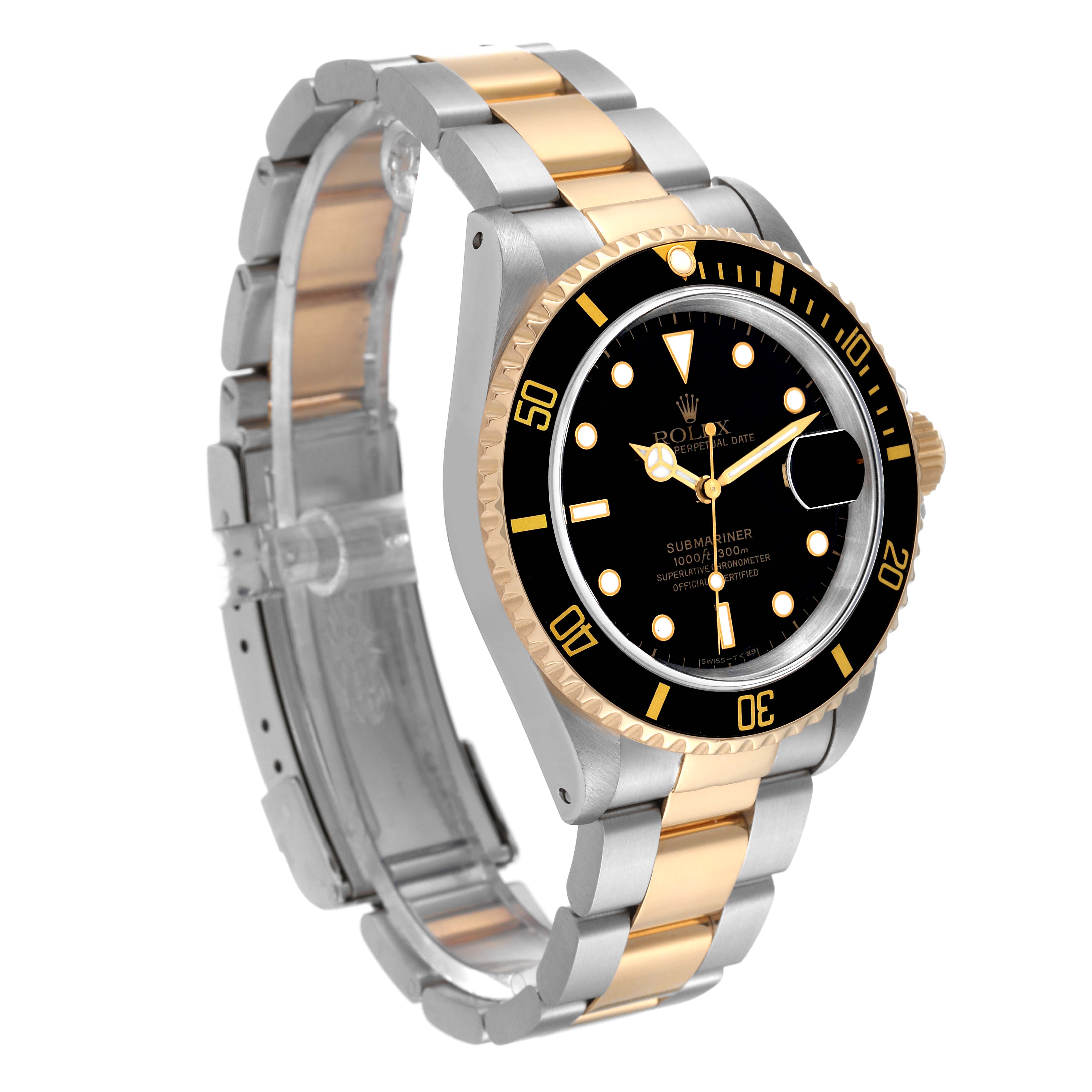 The image shows a Rolex Submariner 16613 Men's Steel and Gold (two tone) Black Dial 16613 Men's Steel and Gold (two tone) Black Dial watch at a slight angle, clearly displaying the band, face, and bezel.