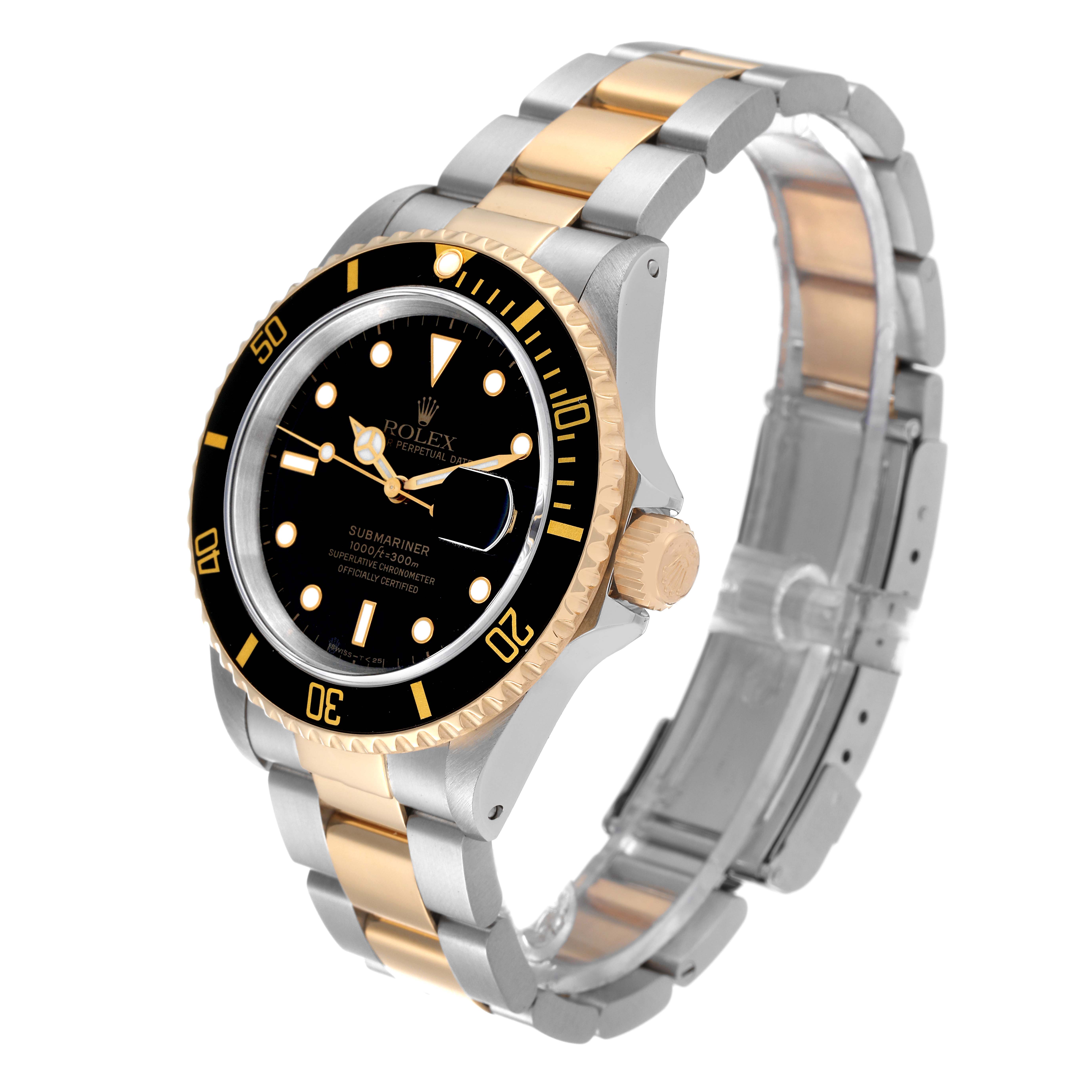This image displays a Rolex Submariner 16613 Men's Steel and Gold (two tone) Black Dial 16613 Men's Steel and Gold (two tone) Black Dial watch at a three-quarter angle, showing the dial, bezel, crown, and two-tone bracelet.