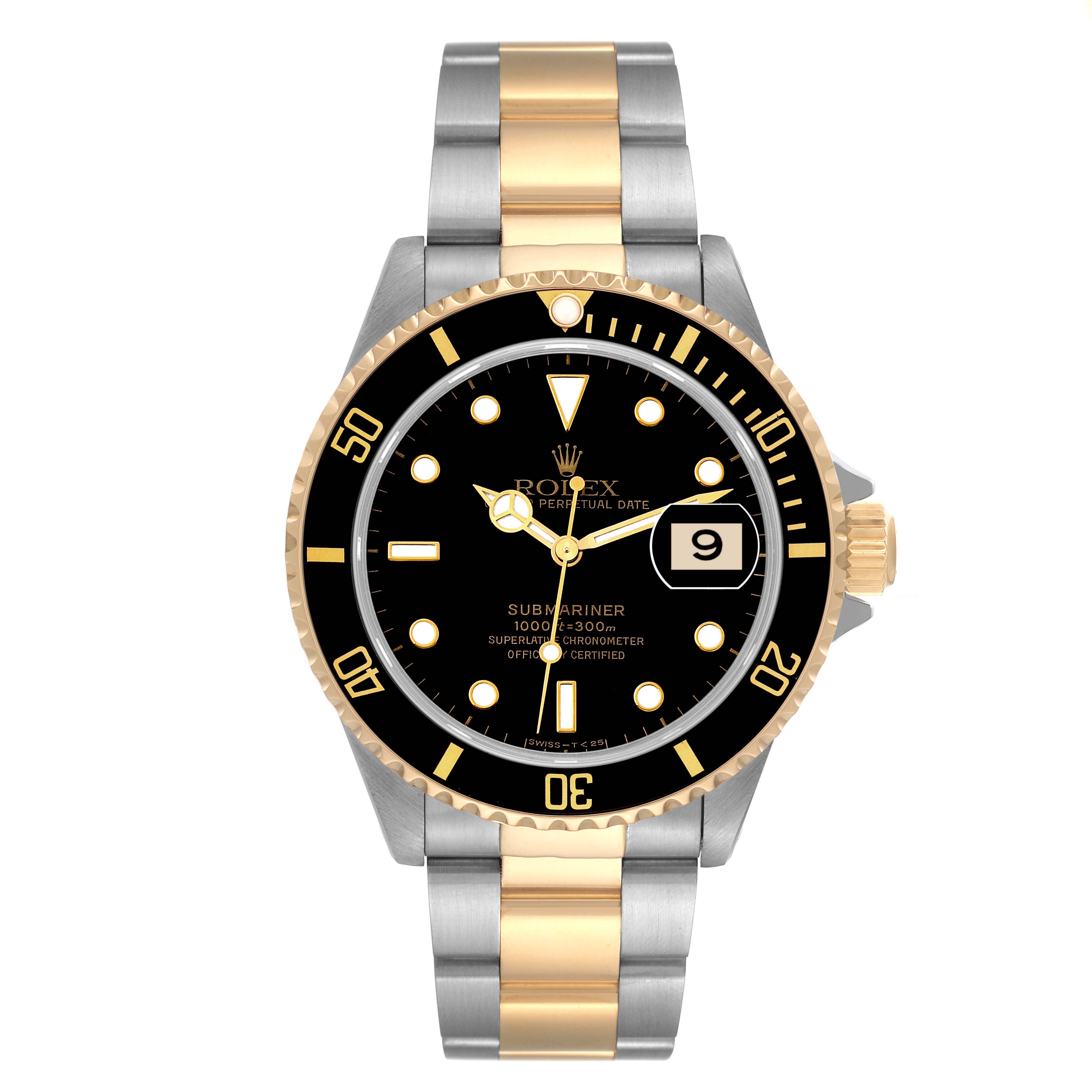 The Rolex Submariner 16613 Men's Steel and Gold (two tone) Black Dial 16613 Men's Steel and Gold (two tone) Black Dial watch is shown from a front angle, displaying its black dial, two-tone bracelet, and date window.