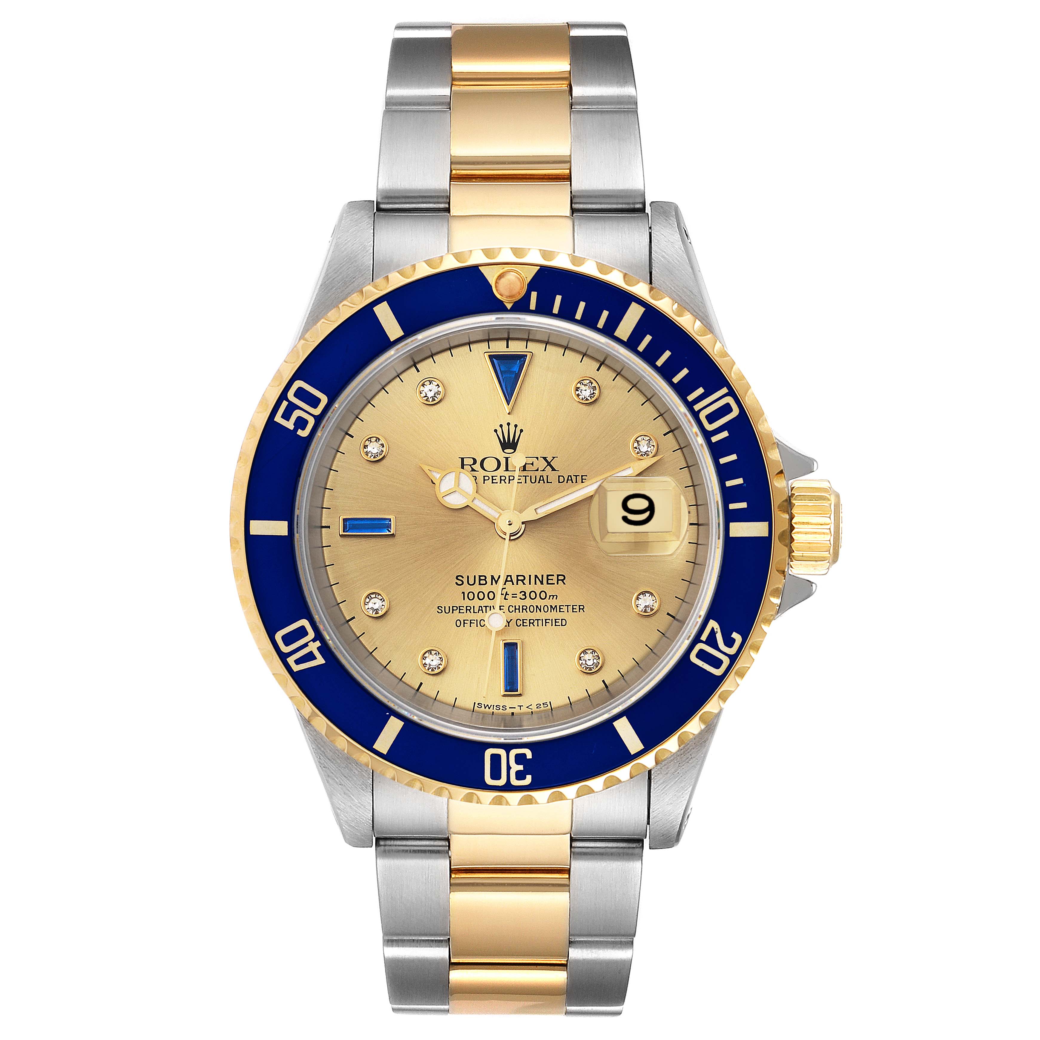 This image shows a front view of the Rolex Submariner 16613 Men's Steel and Gold (two tone) Champagne Dial 16613 Men's Steel and Gold (two tone) Champagne Dial watch, featuring its dial, bezel, case, and bracelet.