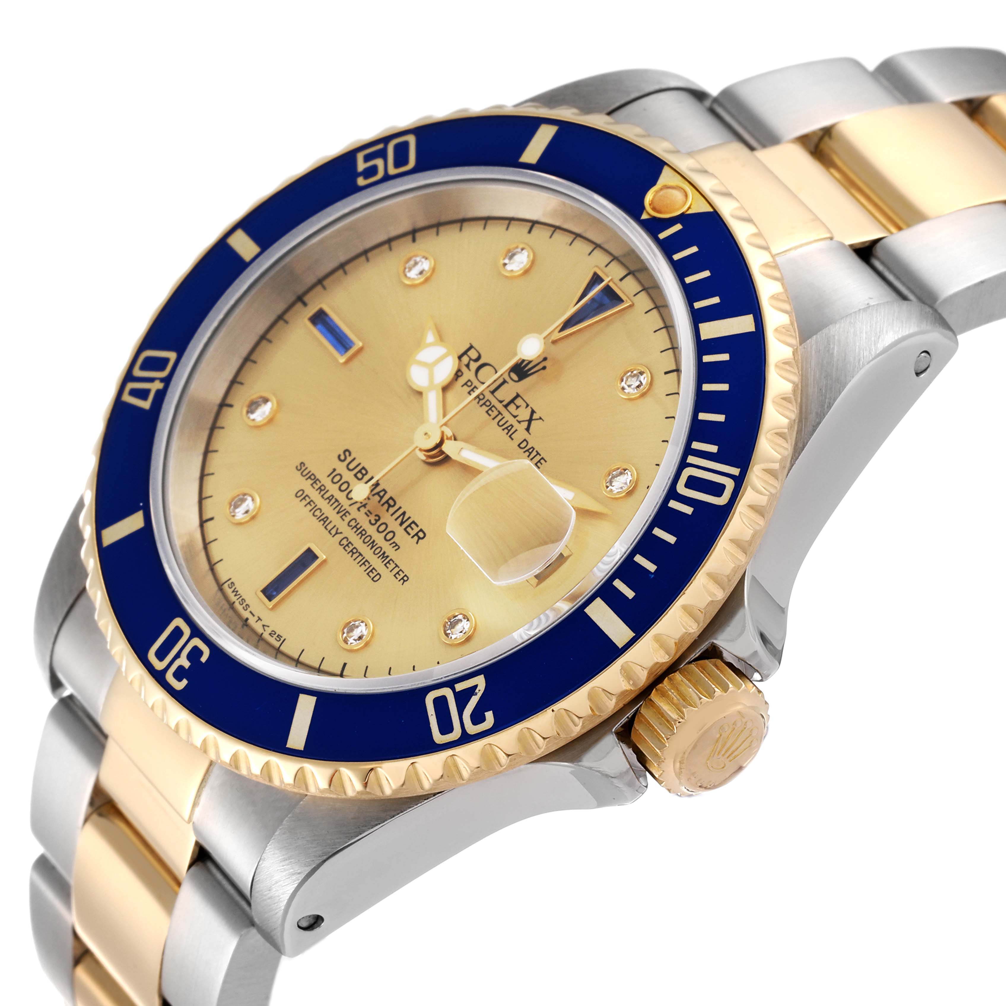 The image shows a close-up view of the dial, bezel, and part of the bracelet of a Rolex Submariner 16613 Men's Steel and Gold (two tone) Champagne Dial 16613 Men's Steel and Gold (two tone) Champagne Dial watch.