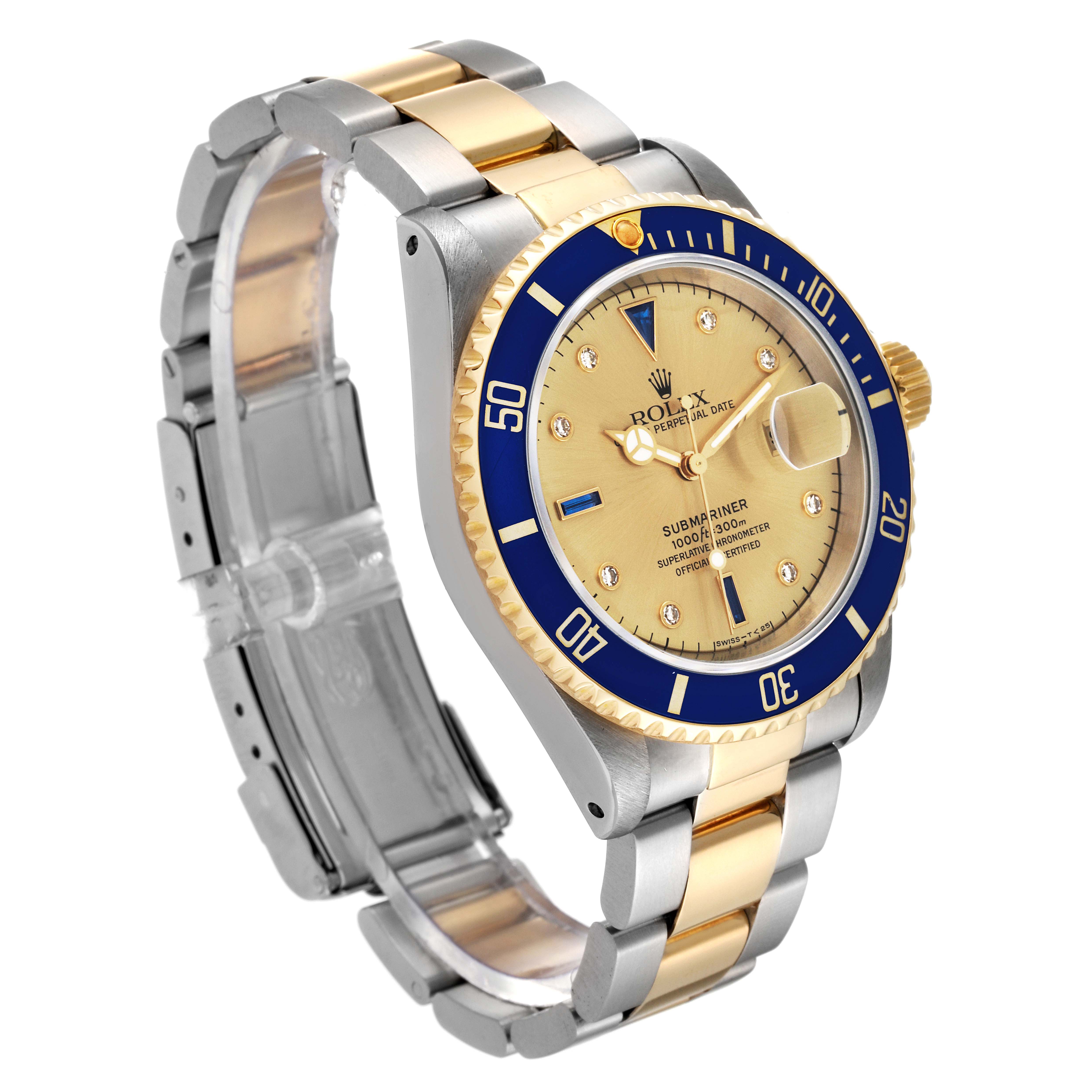 The Rolex Submariner 16613 Men's Steel and Gold (two tone) Champagne Dial 16613 Men's Steel and Gold (two tone) Champagne Dial watch is shown at a three-quarter angle, displaying its dial, bezel, crown, and two-tone bracelet.