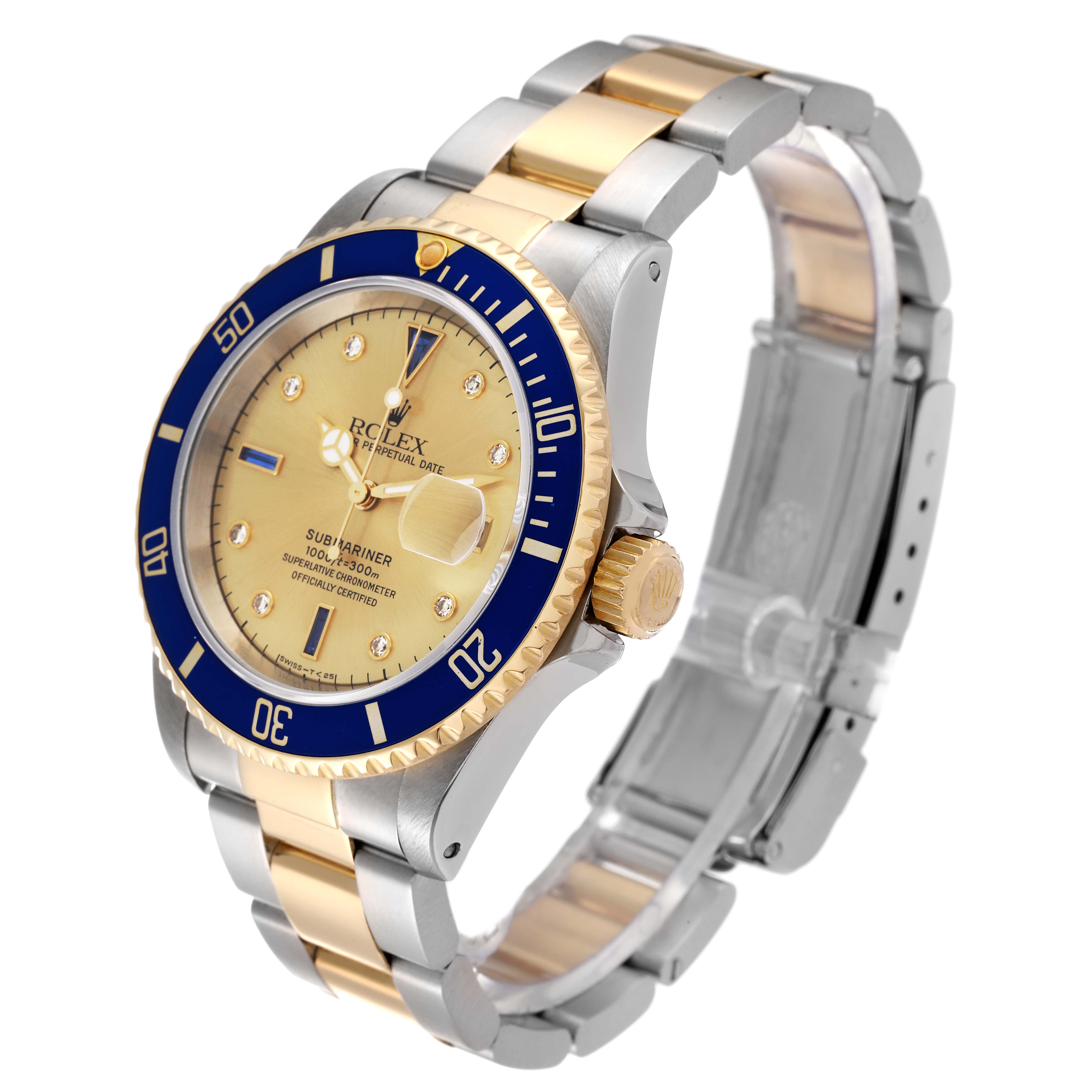 The Rolex Submariner 16613 Men's Steel and Gold (two tone) Champagne Dial 16613 Men's Steel and Gold (two tone) Champagne Dial watch is shown at a side angle, highlighting its gold and silver bracelet, bezel, and crown.