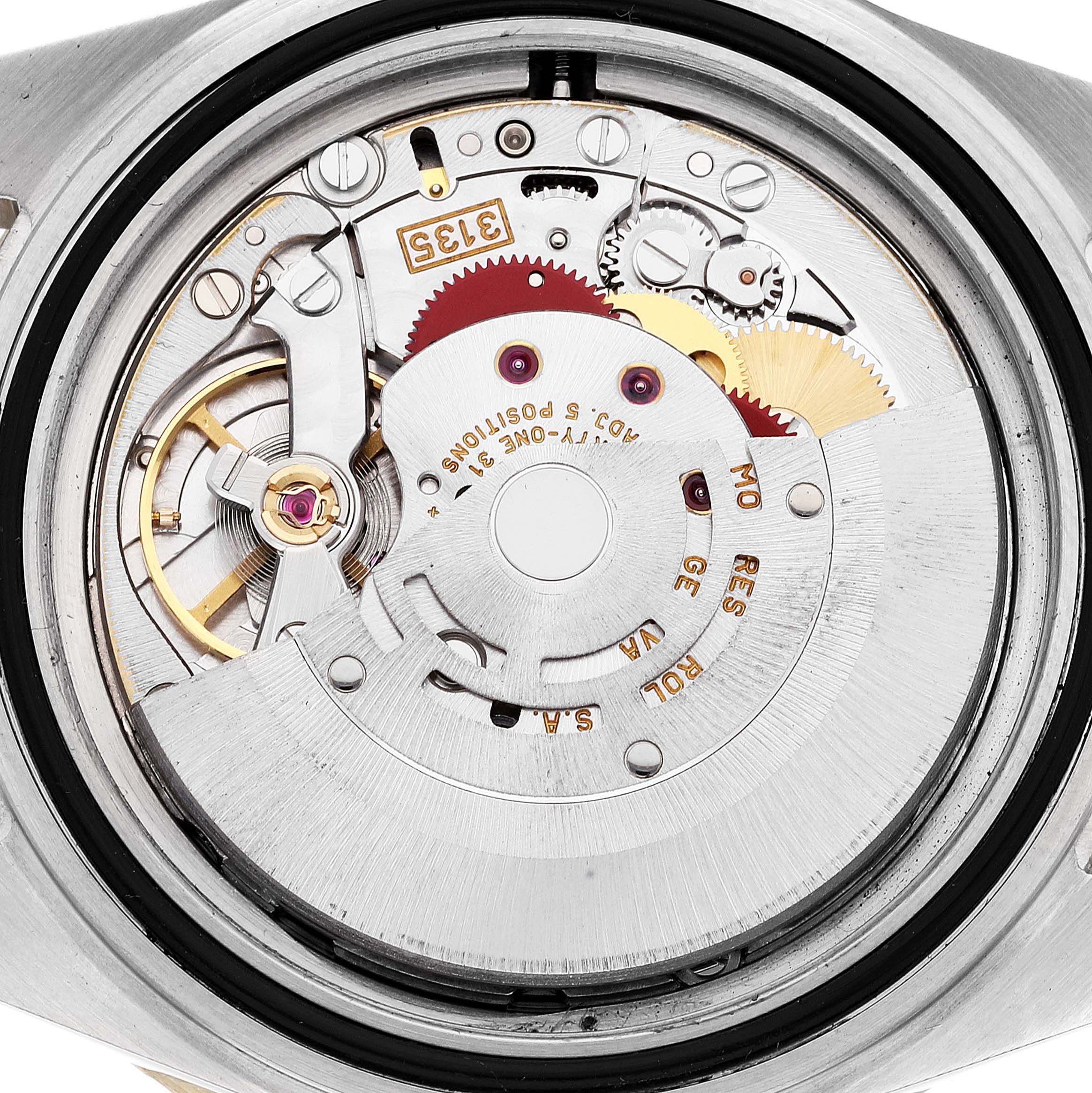 The image shows a close-up of the internal mechanical movement of a Rolex Submariner 16613 Men's Steel and Gold (two tone) Champagne Dial 16613 Men's Steel and Gold (two tone) Champagne Dial watch.