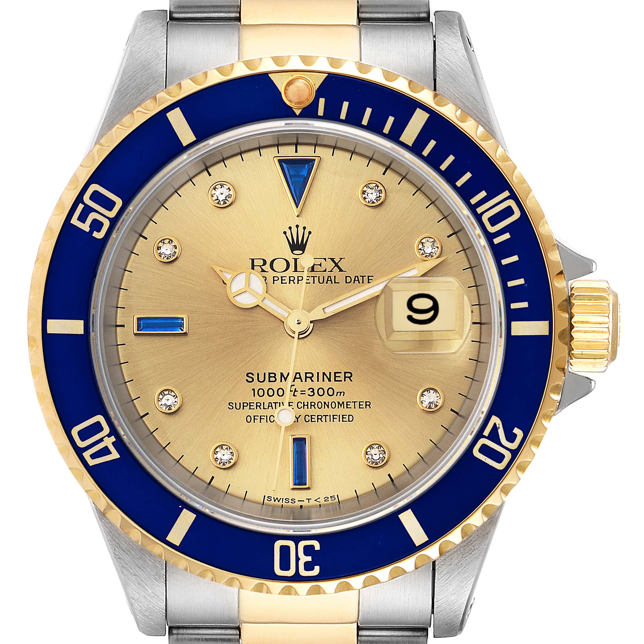 The image shows the front face of a Rolex Submariner 16613 Men's Steel and Gold (two tone) Champagne Dial 16613 Men's Steel and Gold (two tone) Champagne Dial watch, featuring a gold and blue dial with date display and a metal bracelet.
