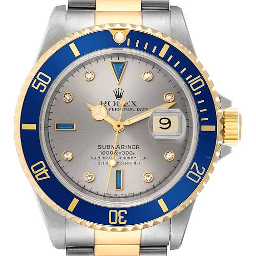 Photo of Rolex Submariner Steel Yellow Gold Diamond Serti Dial Watch 16613 Box Papers