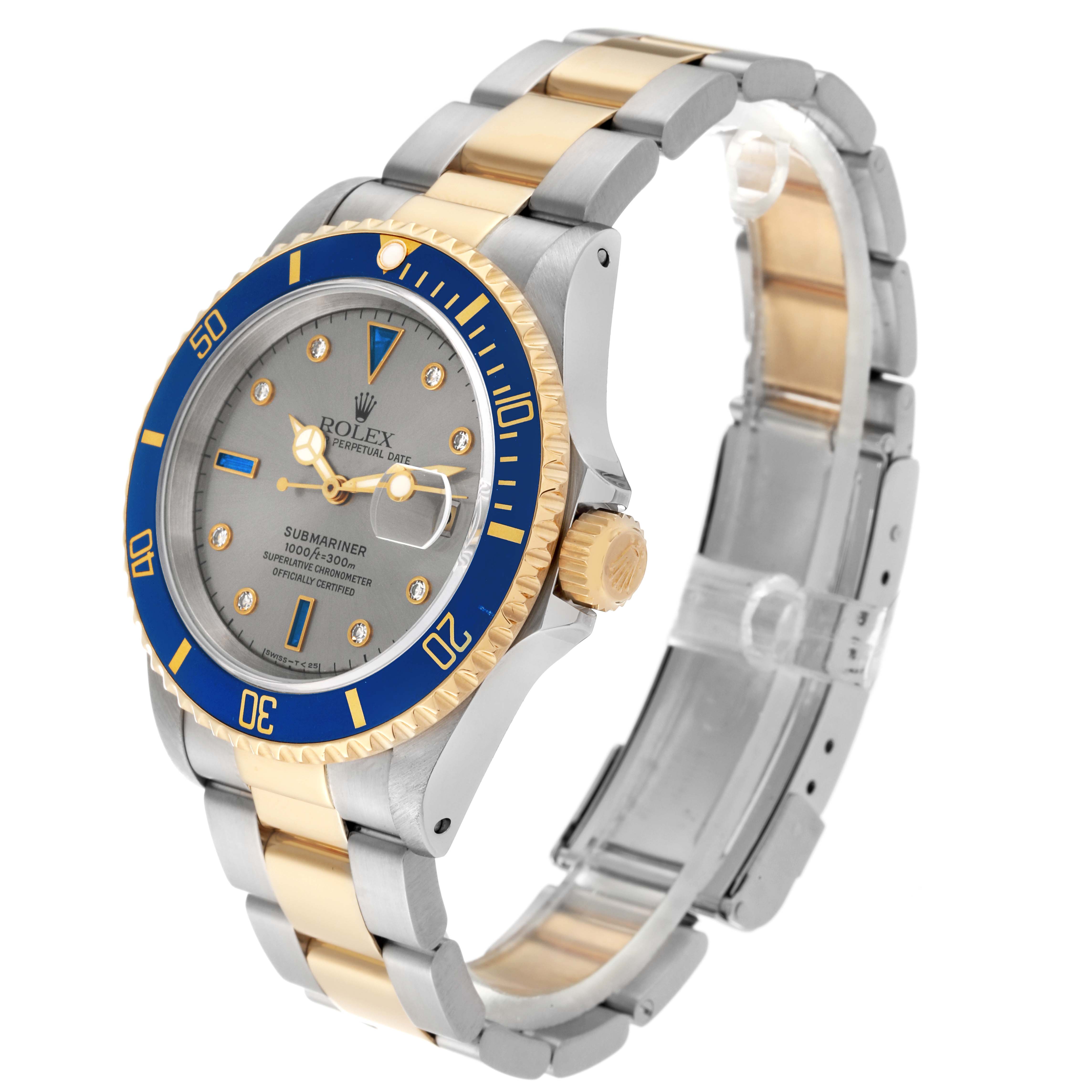 The image shows a Rolex Submariner 16613 Men's Steel and Gold (two tone) Grey Dial 16613 Men's Steel and Gold (two tone) Grey Dial watch at a front-side angle, highlighting the bezel, dial, crown, and two-tone bracelet.