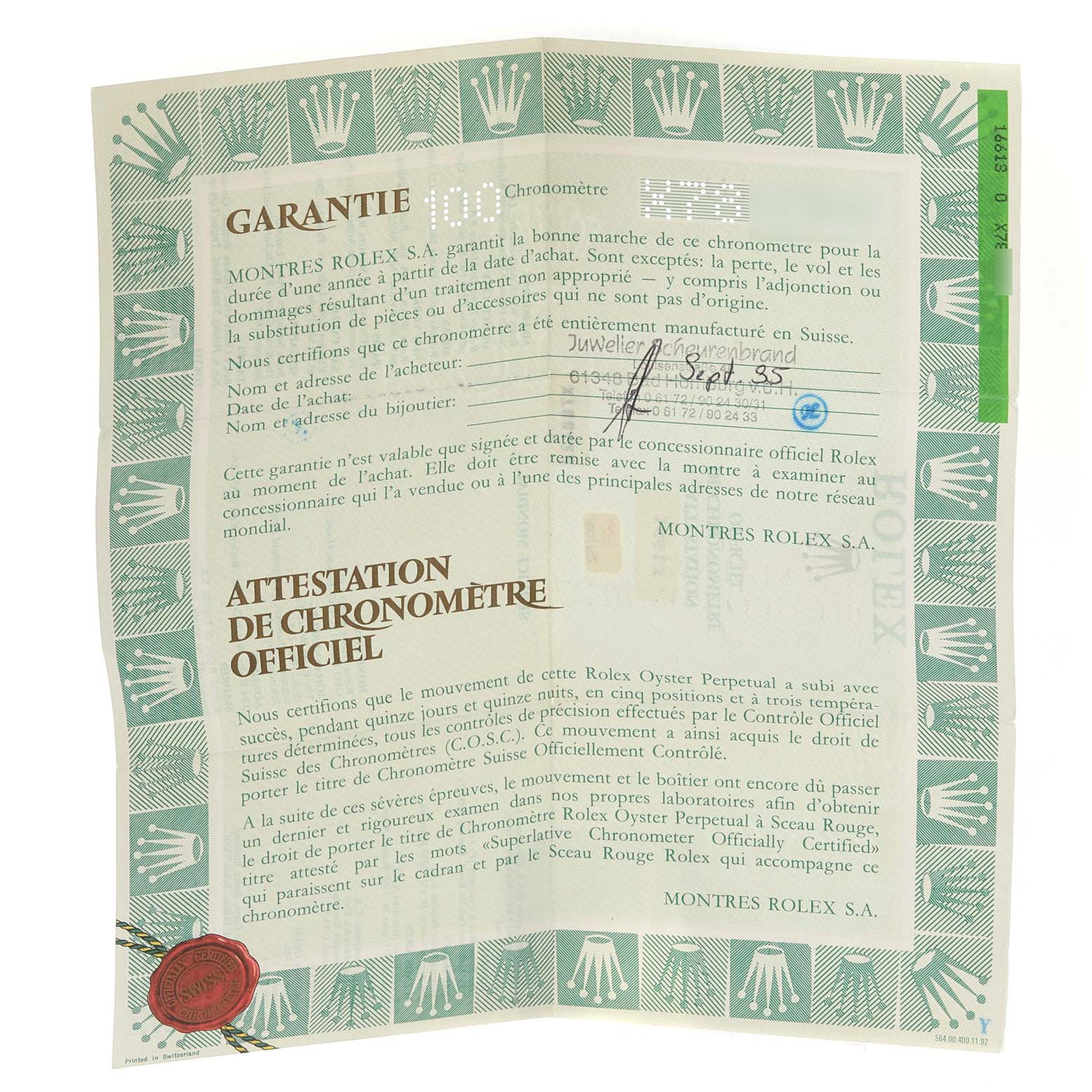 The image shows a guarantee certificate for a Rolex Submariner 16613 Men's Steel and Gold (two tone) Grey Dial 16613 Men's Steel and Gold (two tone) Grey Dial watch.