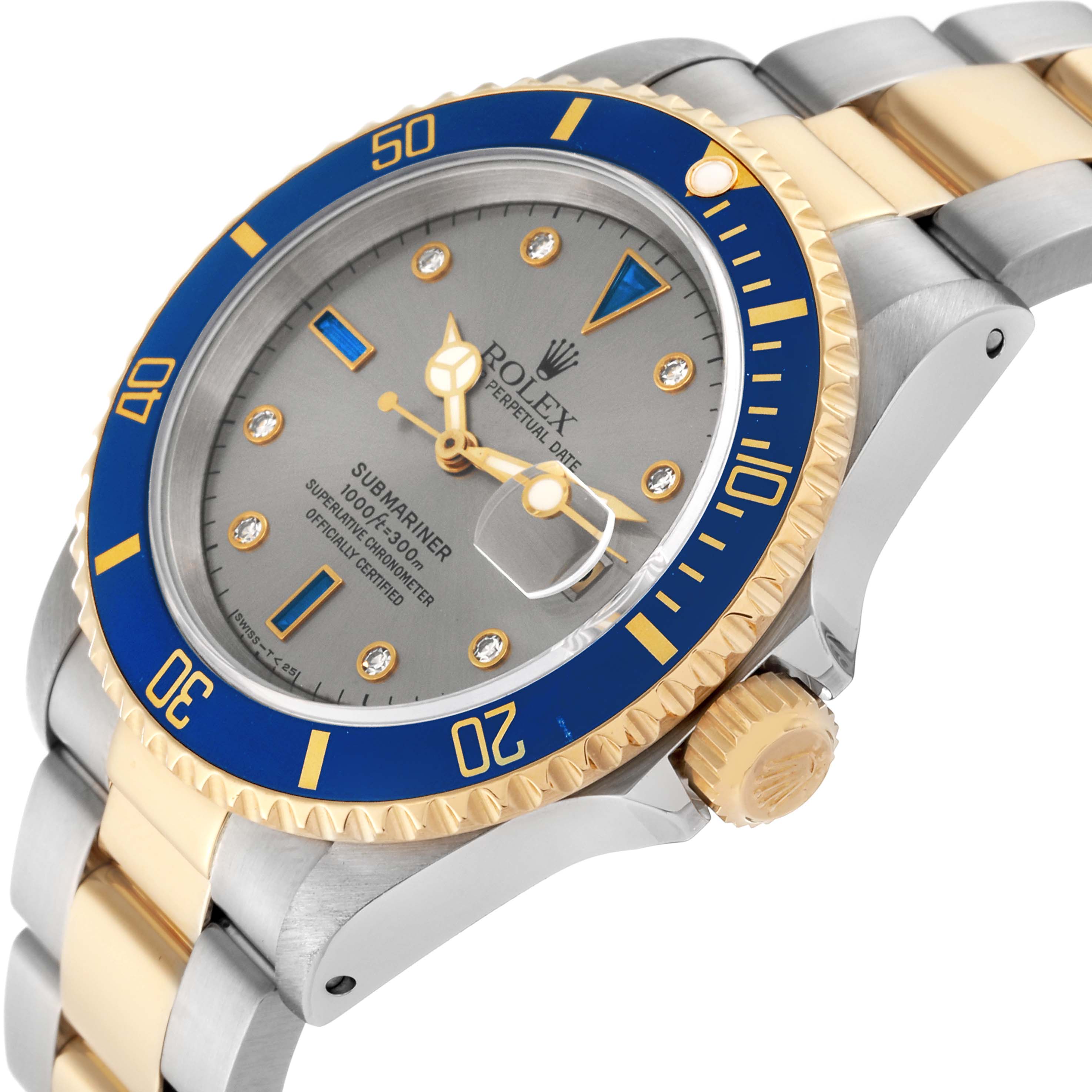 The image shows a close-up angled view of the Rolex Submariner 16613 Men's Steel and Gold (two tone) Grey Dial 16613 Men's Steel and Gold (two tone) Grey Dial, highlighting the dial, bezel, and bracelet.
