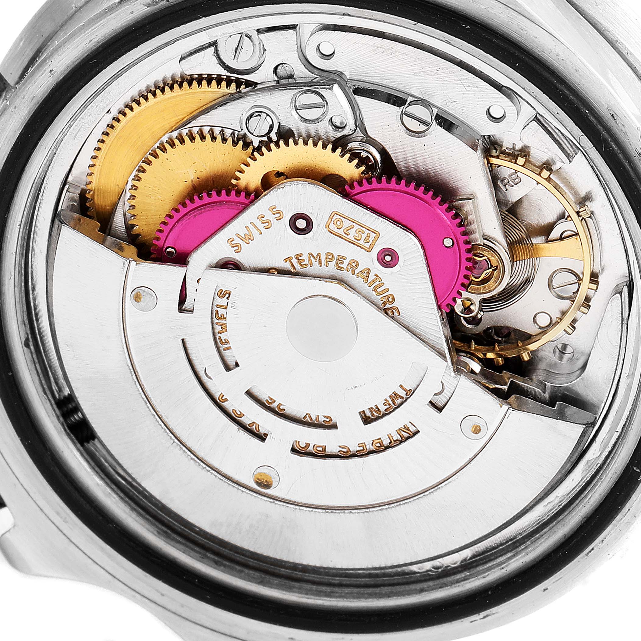 This image shows the internal mechanism and gears of the Rolex Vintage Collection 1680 Men's Stainless Steel Black Dial 1680 Men's Stainless Steel Black Dial watch from a close-up angle.