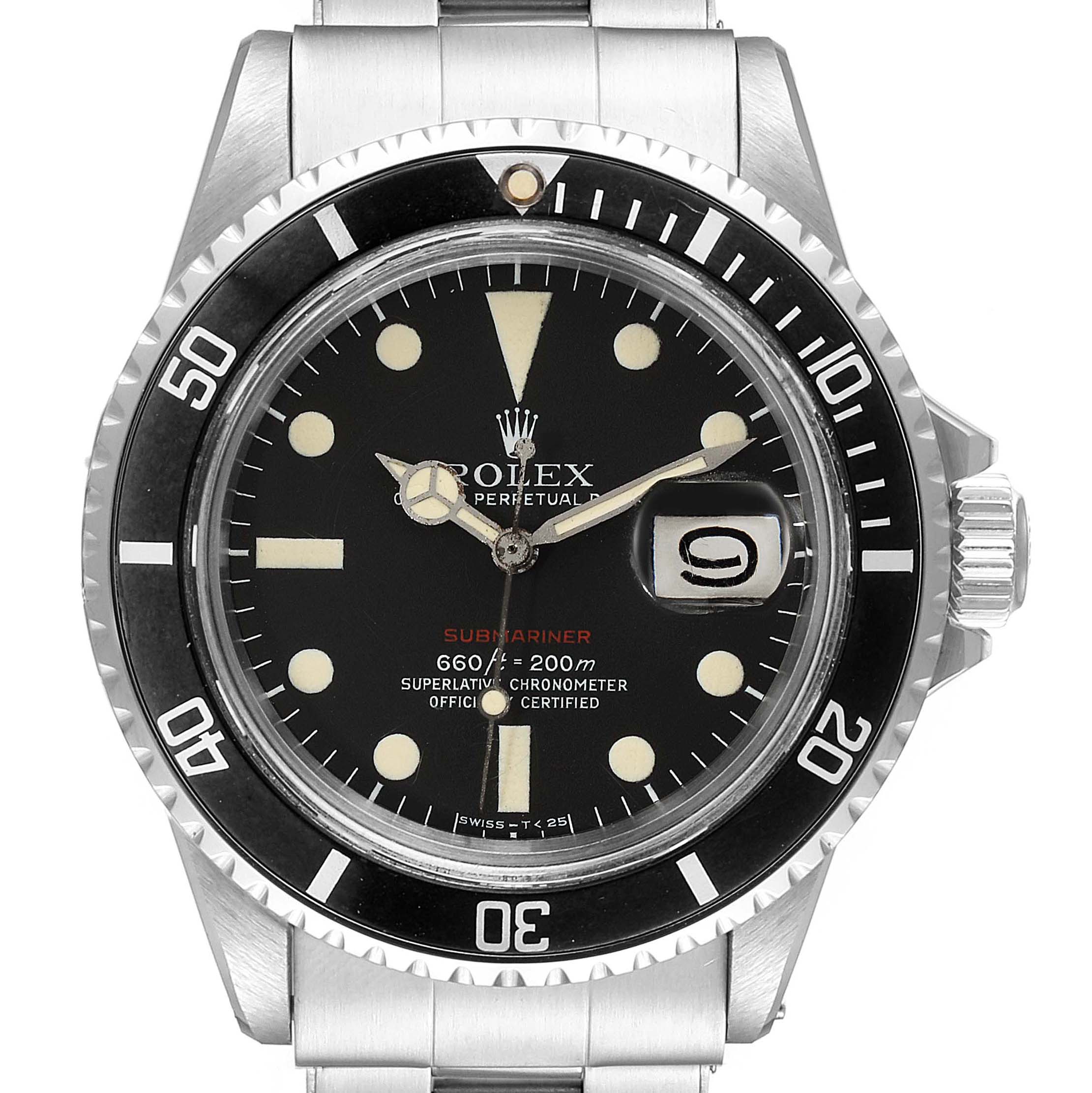 This image shows a front view of a Rolex Vintage Collection 1680 Men's Stainless Steel Black Dial 1680 Men's Stainless Steel Black Dial Submariner watch, highlighting the dial, bezel, crown, and part of the bracelet.