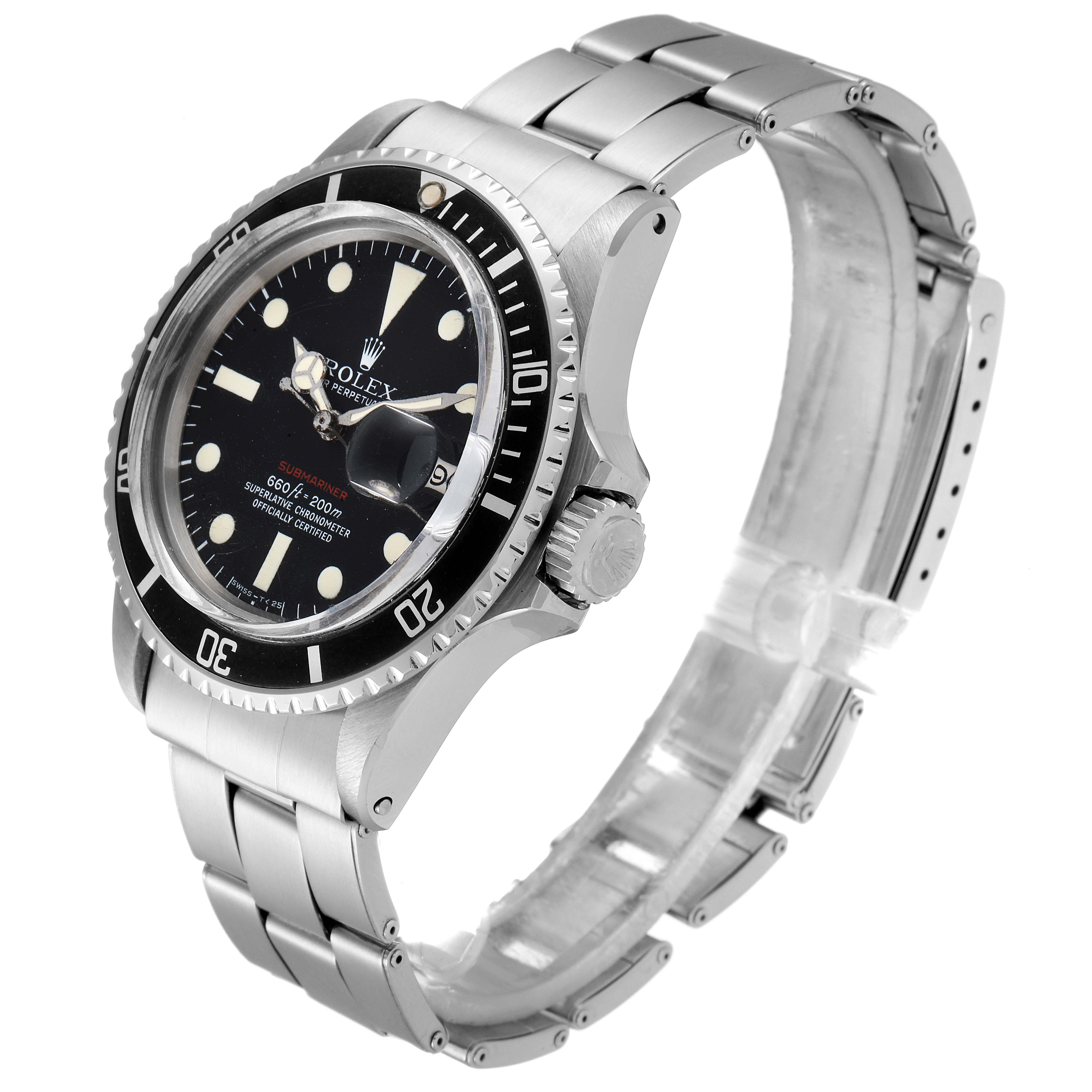 The image shows a side and angled view of the Rolex Vintage Collection 1680 Men's Stainless Steel Black Dial 1680 Men's Stainless Steel Black Dial Submariner watch, highlighting its face, bezel, crown, and bracelet.