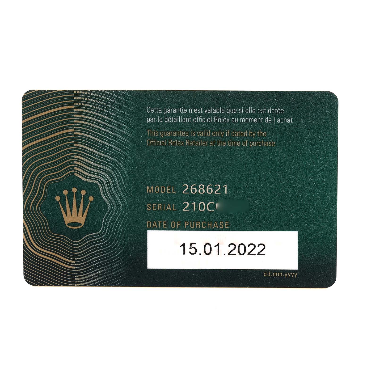 The image shows a Rolex warranty card with model number 268621 for a Yacht-Master watch, dated 15.01.2022.