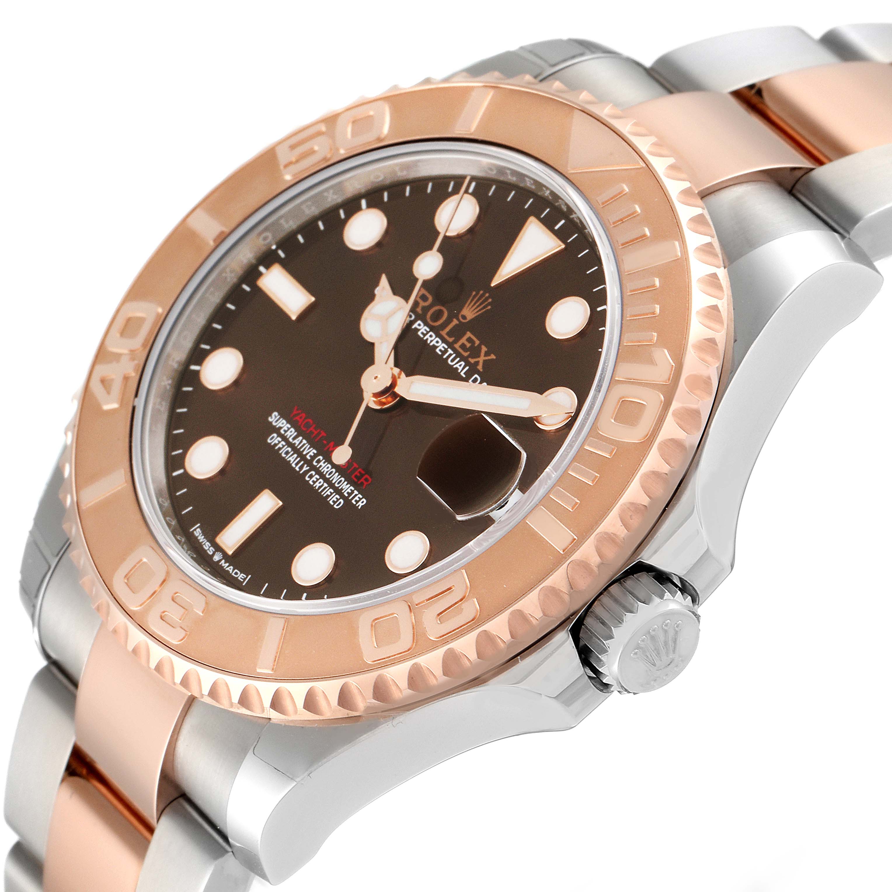This image shows a close-up angle of the Rolex Yacht-Master 268621 Men's Steel and Gold (two tone) Brown Dial 268621 Men's Steel and Gold (two tone) Brown Dial watch, highlighting the face, bezel, and partial bracelet.