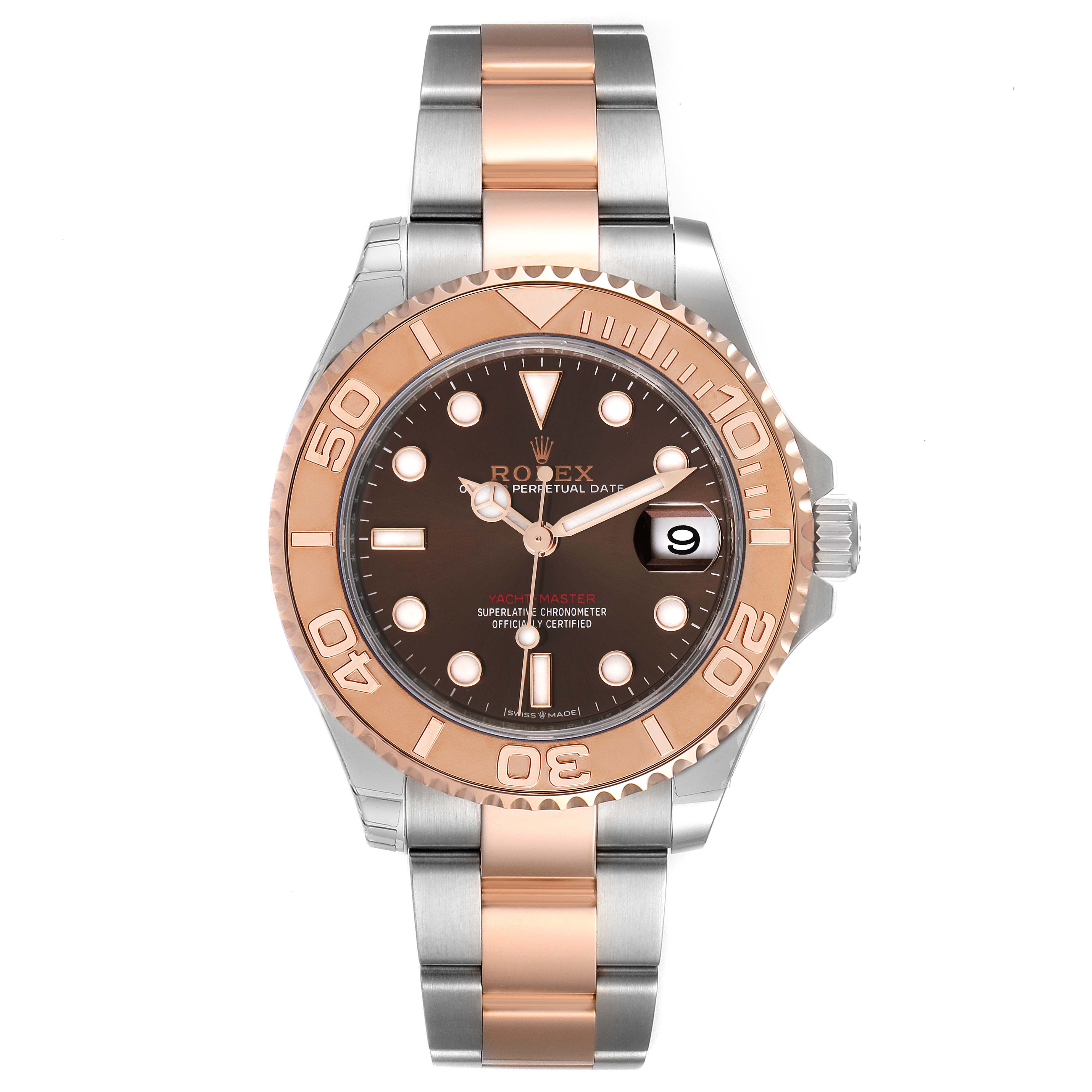 The Rolex Yacht-Master 268621 Men's Steel and Gold (two tone) Brown Dial 268621 Men's Steel and Gold (two tone) Brown Dial watch is shown from a front view, highlighting its case, bracelet, bezel, and dial.