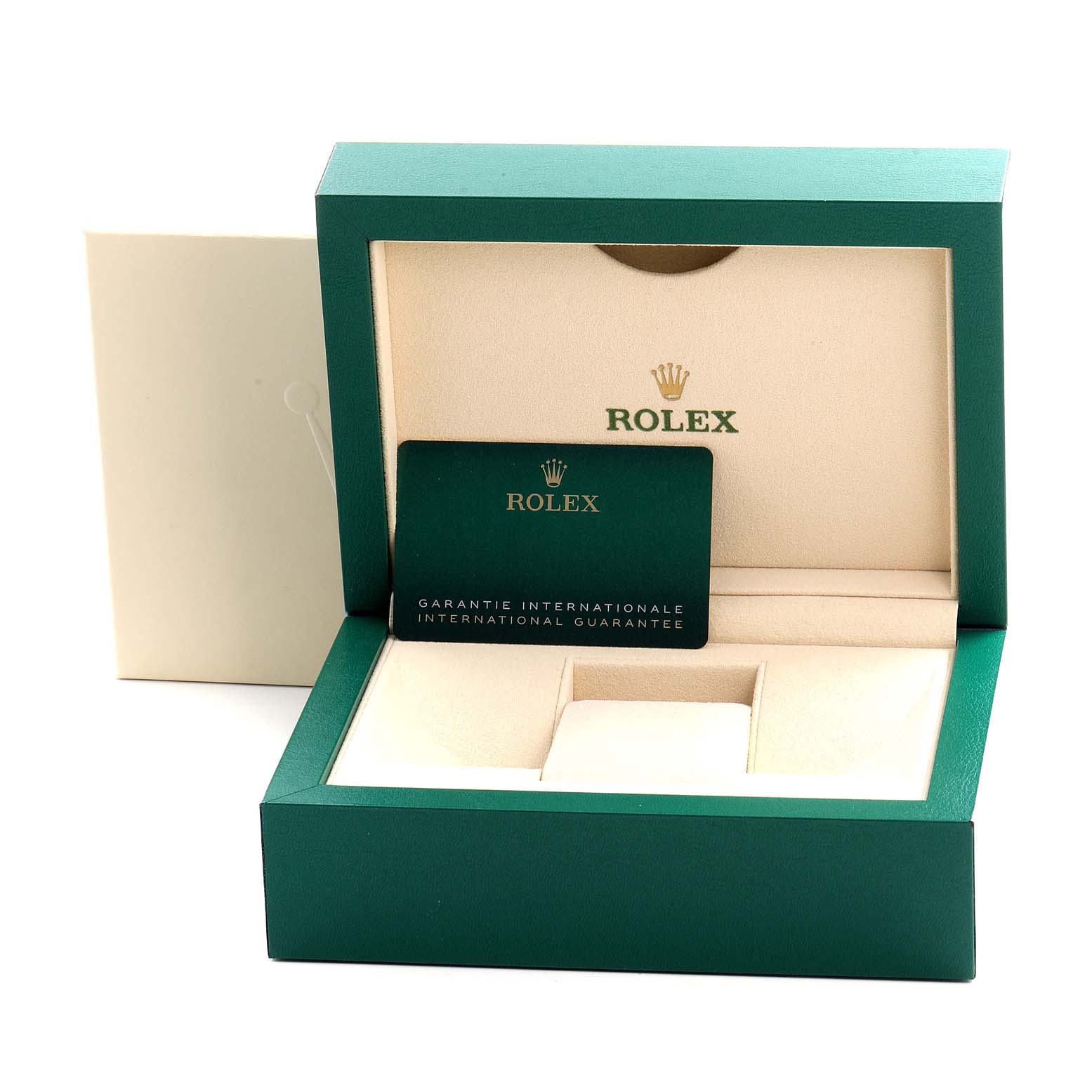 The image shows an open box and warranty card for a Rolex Yacht-Master 268621 Men's Steel and Gold (two tone) Brown Dial 268621 Men's Steel and Gold (two tone) Brown Dial watch.