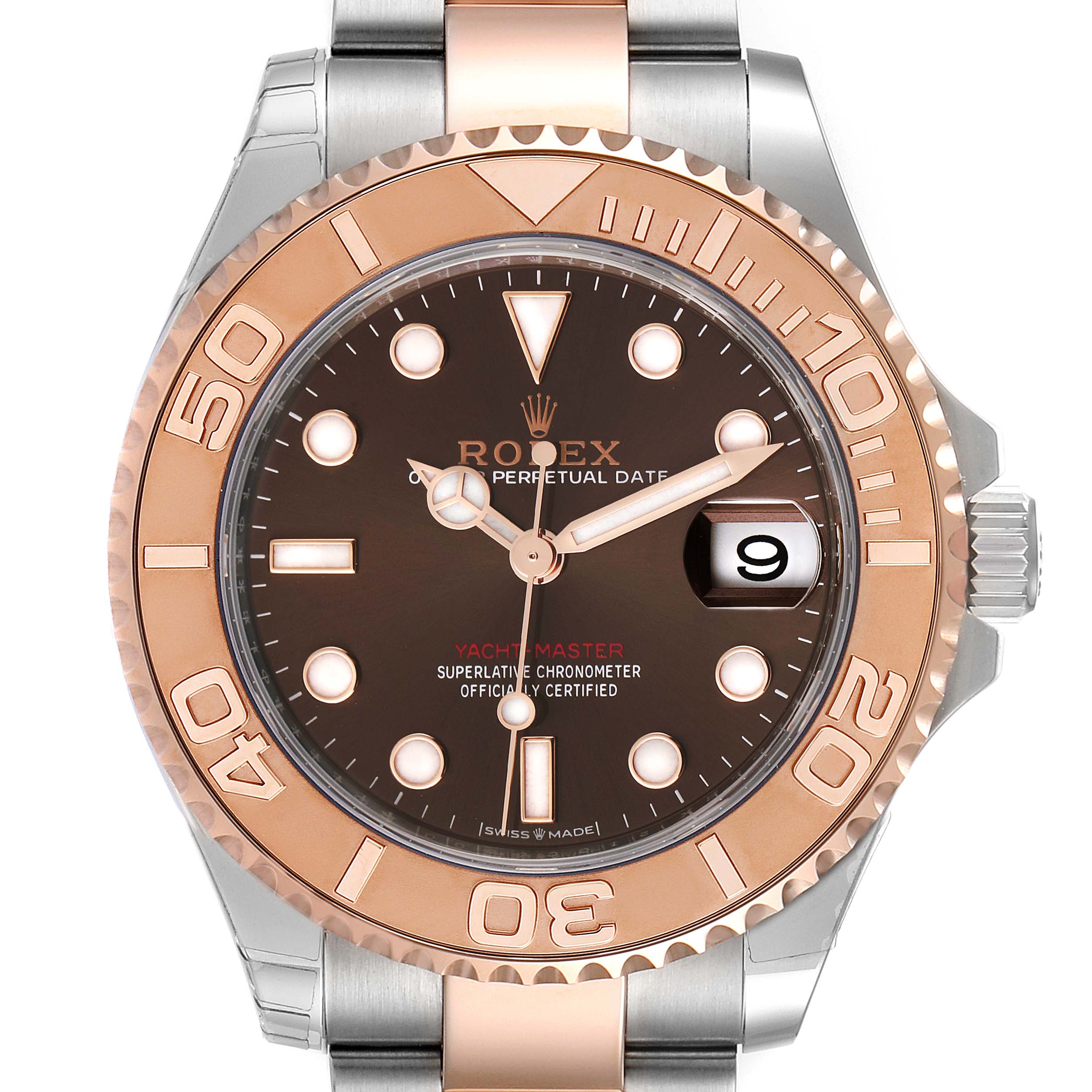 This image shows a front view of a Rolex Yacht-Master 268621 Men's Steel and Gold (two tone) Brown Dial 268621 Men's Steel and Gold (two tone) Brown Dial watch, highlighting its bezel, dial, crown, and bracelet.