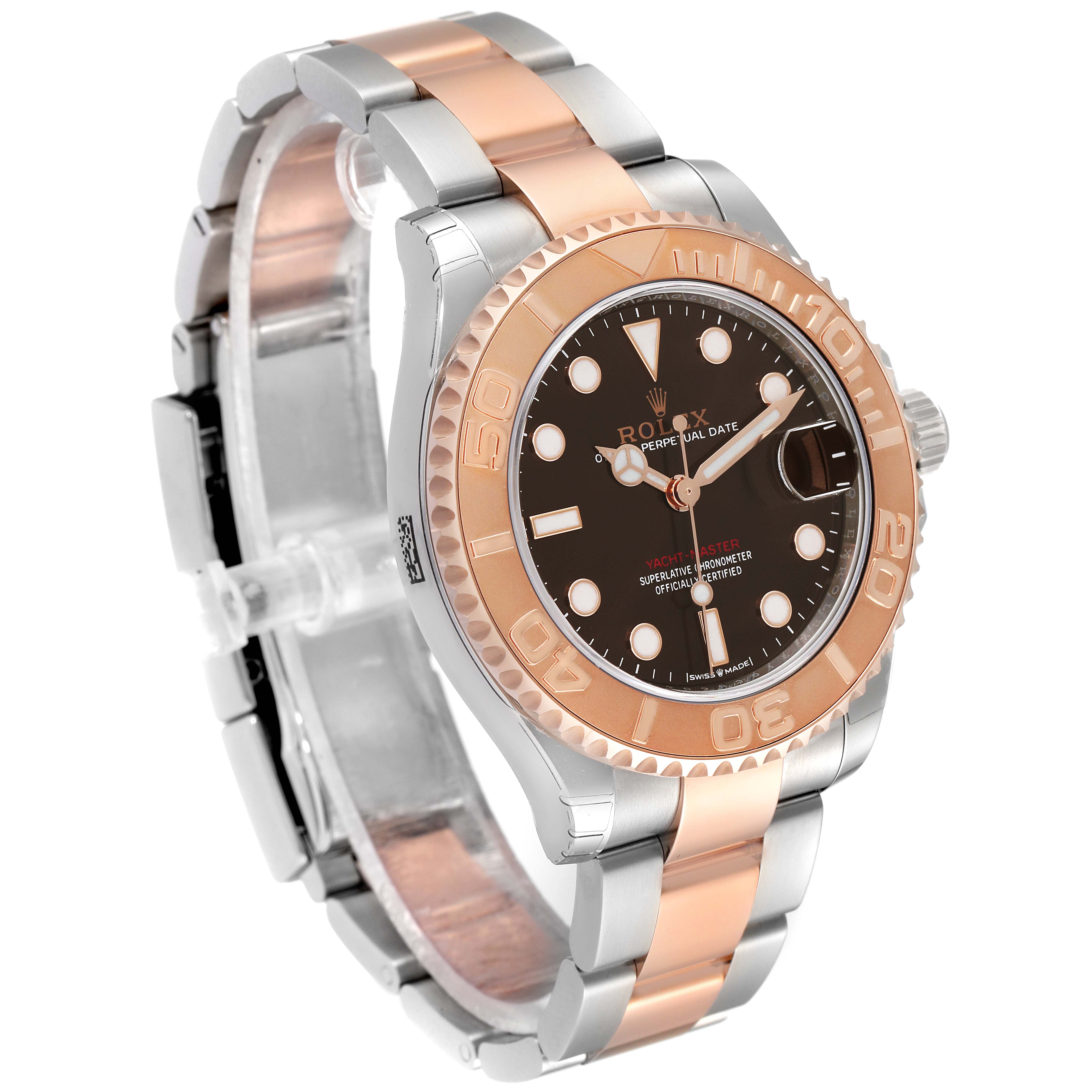 The image shows a Rolex Yacht-Master 268621 Men's Steel and Gold (two tone) Brown Dial 268621 Men's Steel and Gold (two tone) Brown Dial watch at a slight angle, highlighting its two-tone bracelet, bezel, and black dial.