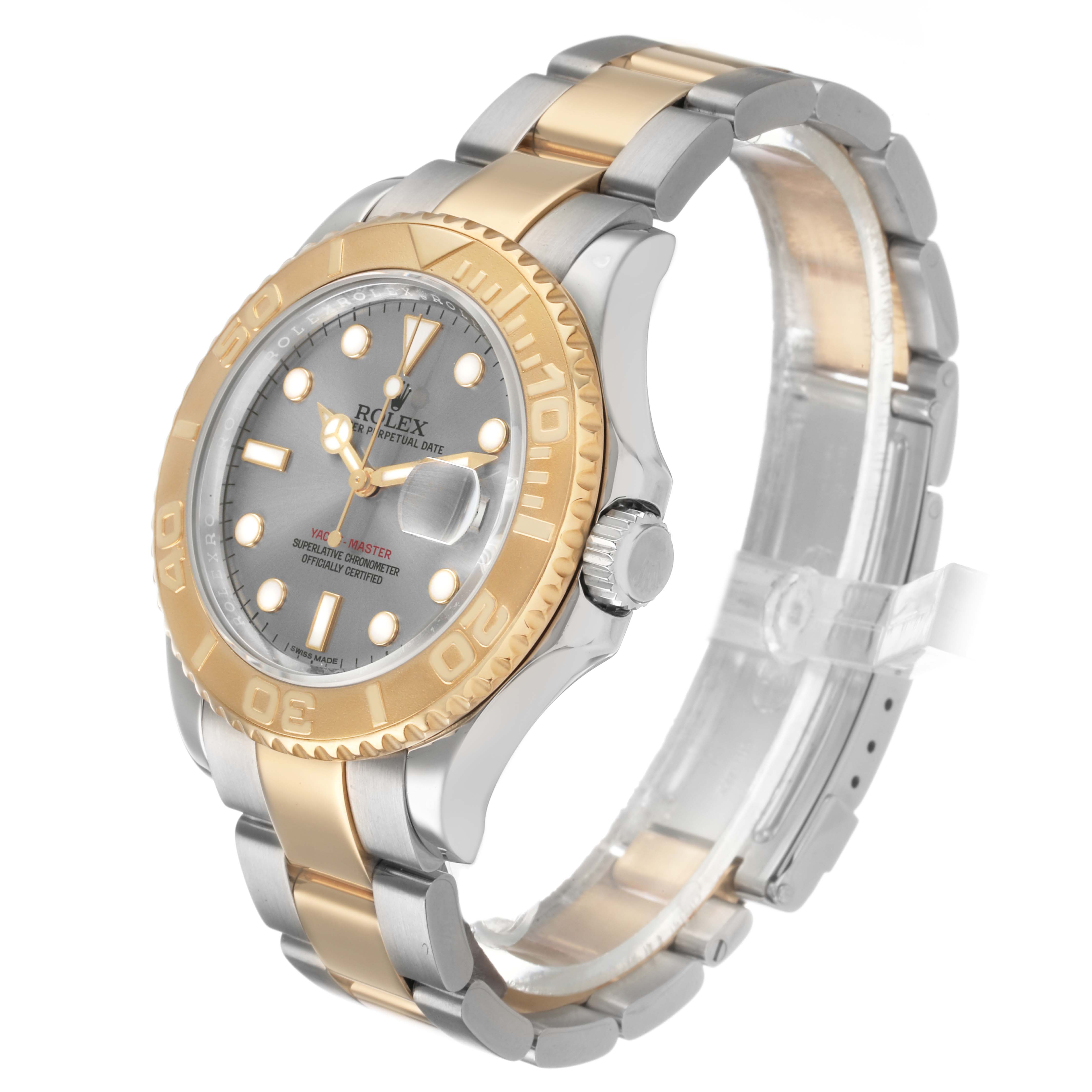 The Rolex Yacht-Master 16623 Men's Steel and Gold (two tone) Silver Dial is shown at a three-quarter angle, highlighting its gold and silver bezel, dial, and bracelet.