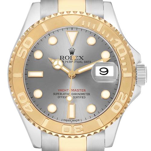 The Rolex Yacht-Master 16623 Men's Steel and Gold (two tone) Silver Dial watch is shown from the front, highlighting its dial, hands, bezel, and date window.