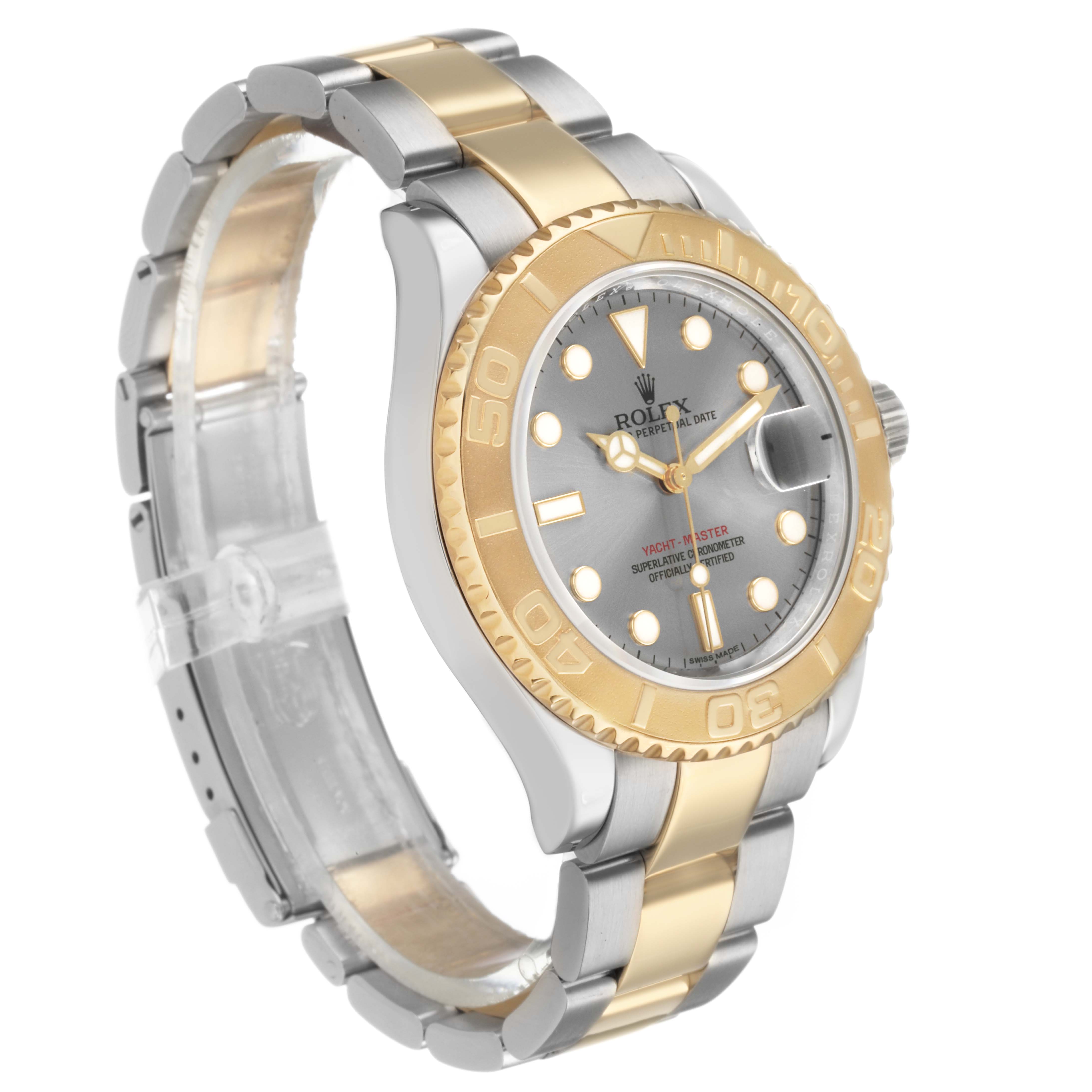 The Rolex Yacht-Master 16623 Men's Steel and Gold (two tone) Silver Dial watch is shown at a front-left angle, highlighting the bezel, dial, and bracelet details.