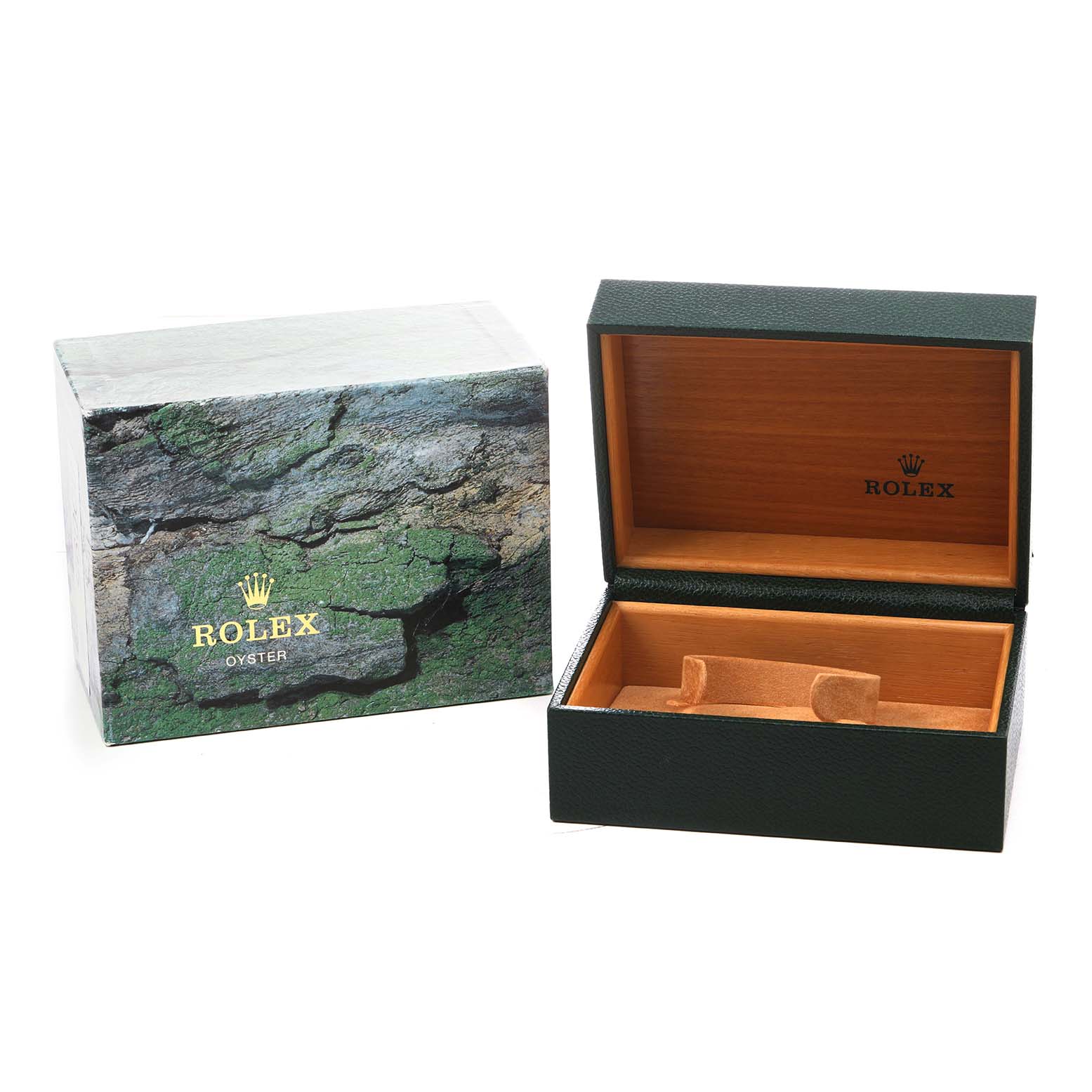 The image shows a Rolex Yacht-Master 16623 Men's Steel and Gold (two tone) Silver Dial watch box, open to reveal its interior, next to its outer packaging.