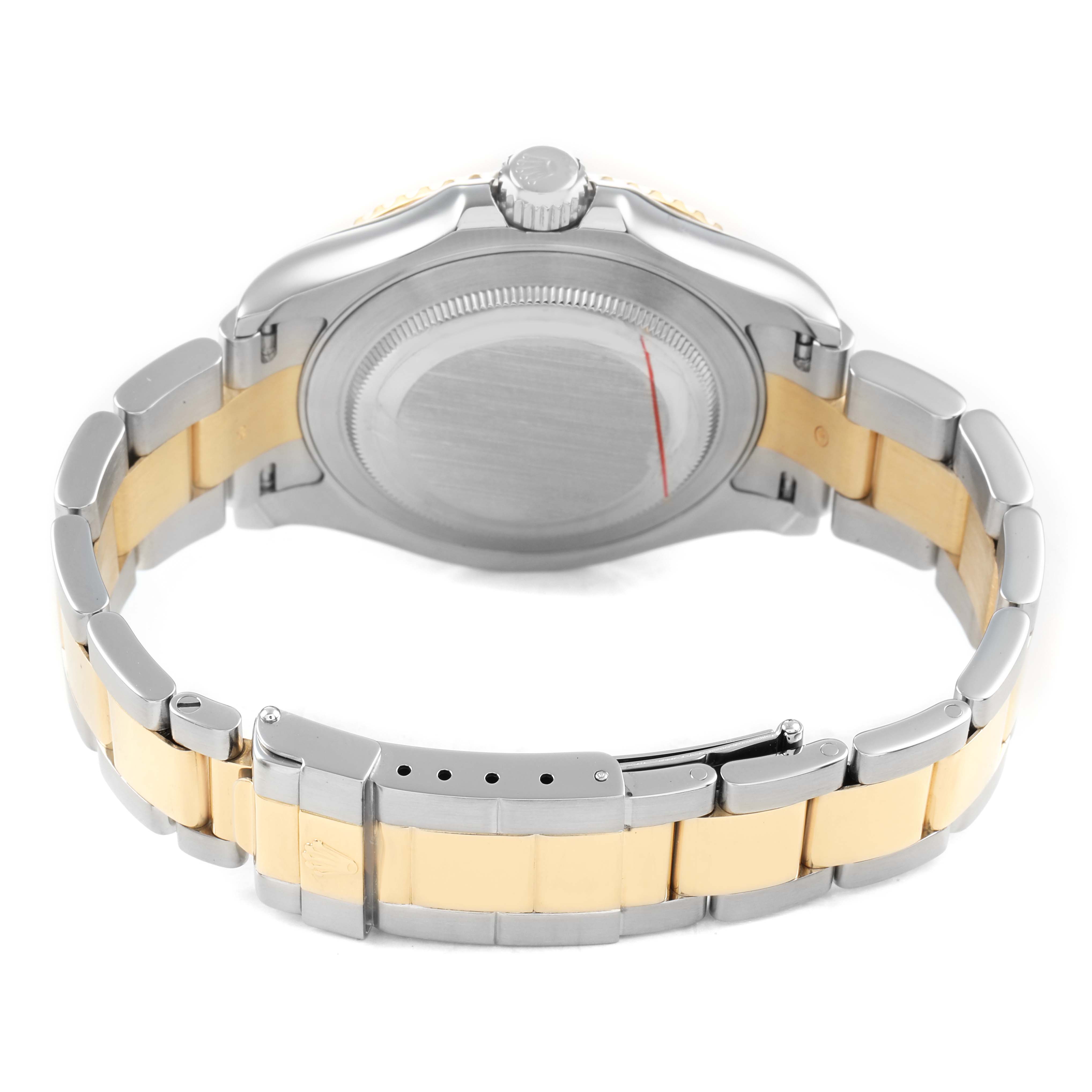 The image shows the back view of a Rolex Yacht-Master 16623 Men's Steel and Gold (two tone) Silver Dial watch, highlighting its bracelet and closed clasp.