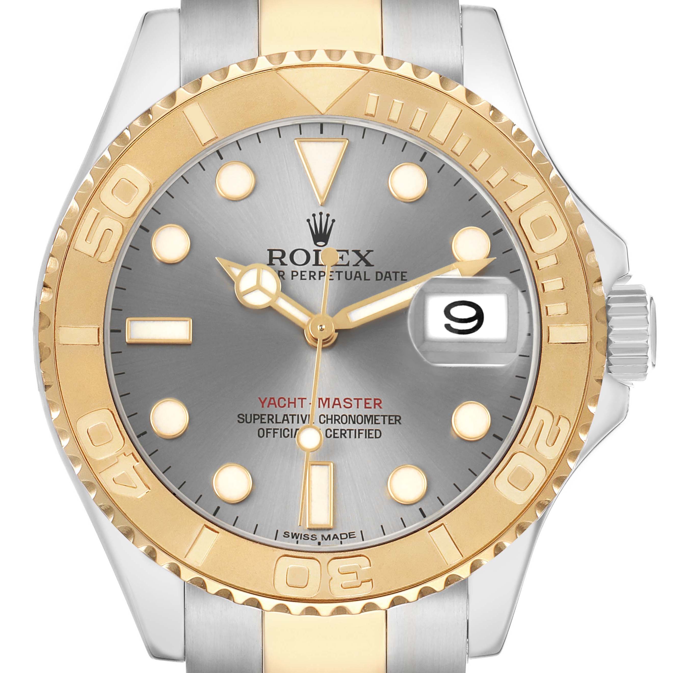The image shows a front view of the Rolex Yacht-Master 16623 Men's Steel and Gold (two tone) Silver Dial, highlighting the bezel, face, hands, and date magnification.