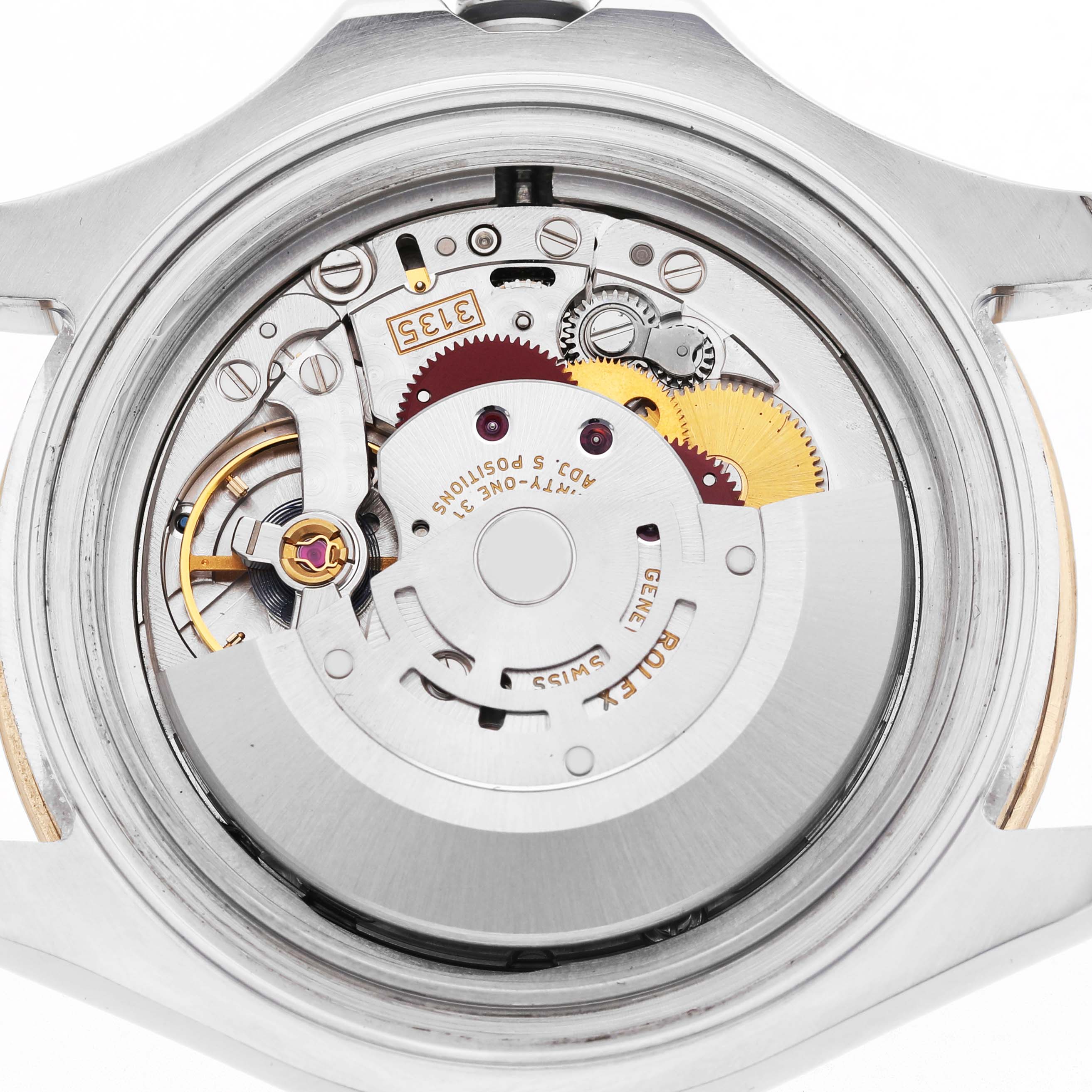 The image shows the back view of a Rolex Yacht-Master 16623 Men's Steel and Gold (two tone) Silver Dial, revealing its intricate internal mechanical movement.